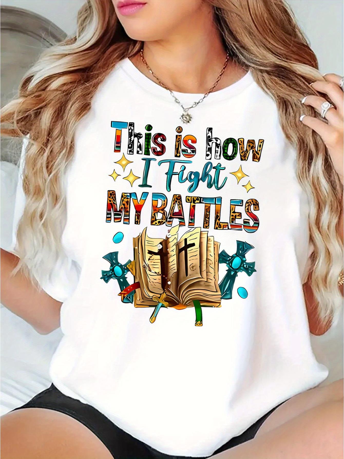 Women's Casual Graphic Tee - "This Is How I Fight My Battles" Book & Floral Print Design, Comfortable Short Sleeve Summer Top, Black Polyester Blend T-Shirt for Casual Attire, Ladies T Shirts