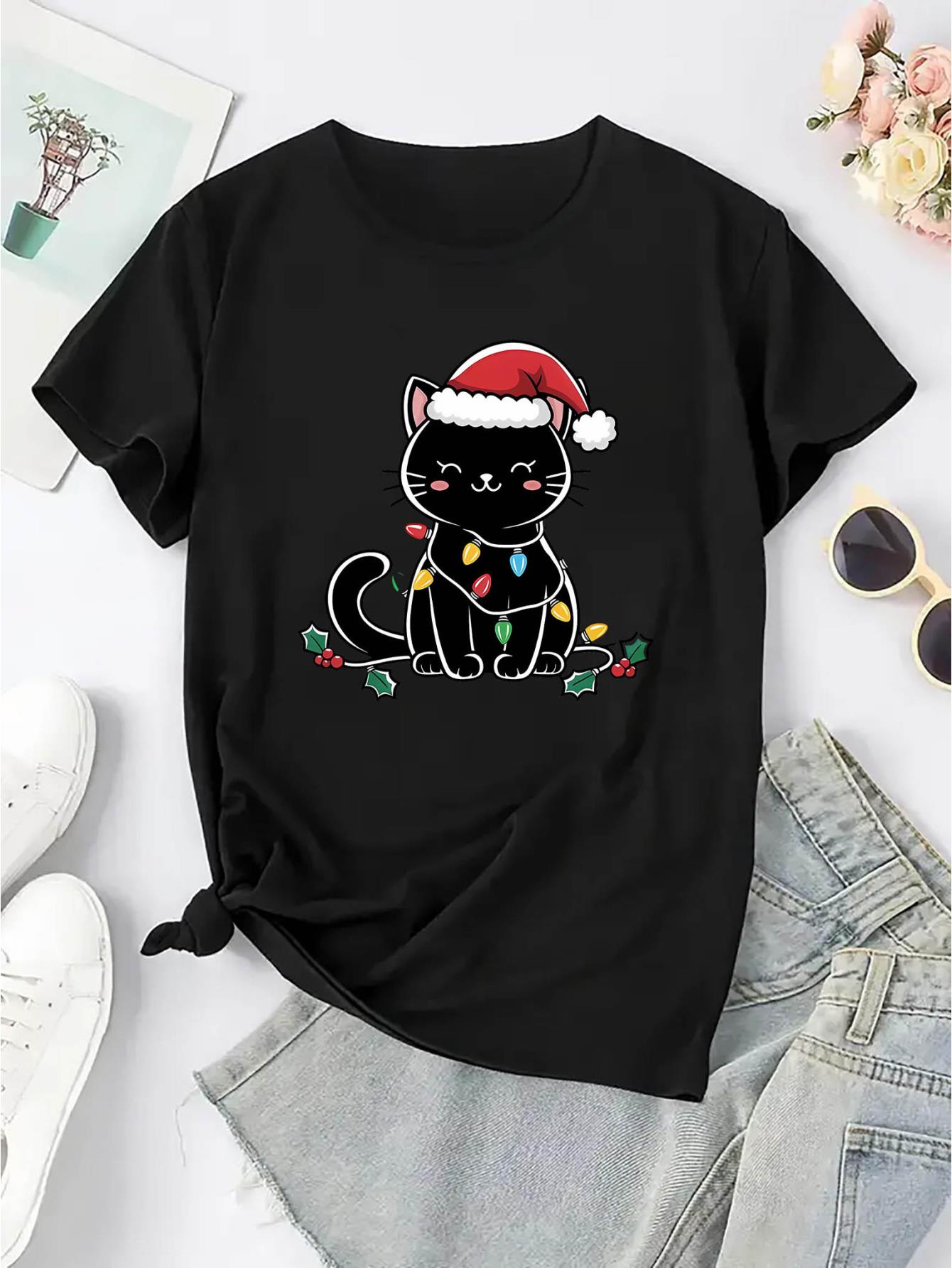 thumbnail image 2 of Women'S Casual Christmas Cat Print T-Shirt, Polyester Crew Neck Tee, Festive Holiday Graphic, Medium Stretch Knit Fabric, for All Season Comfort Fit Top, 2 of 8