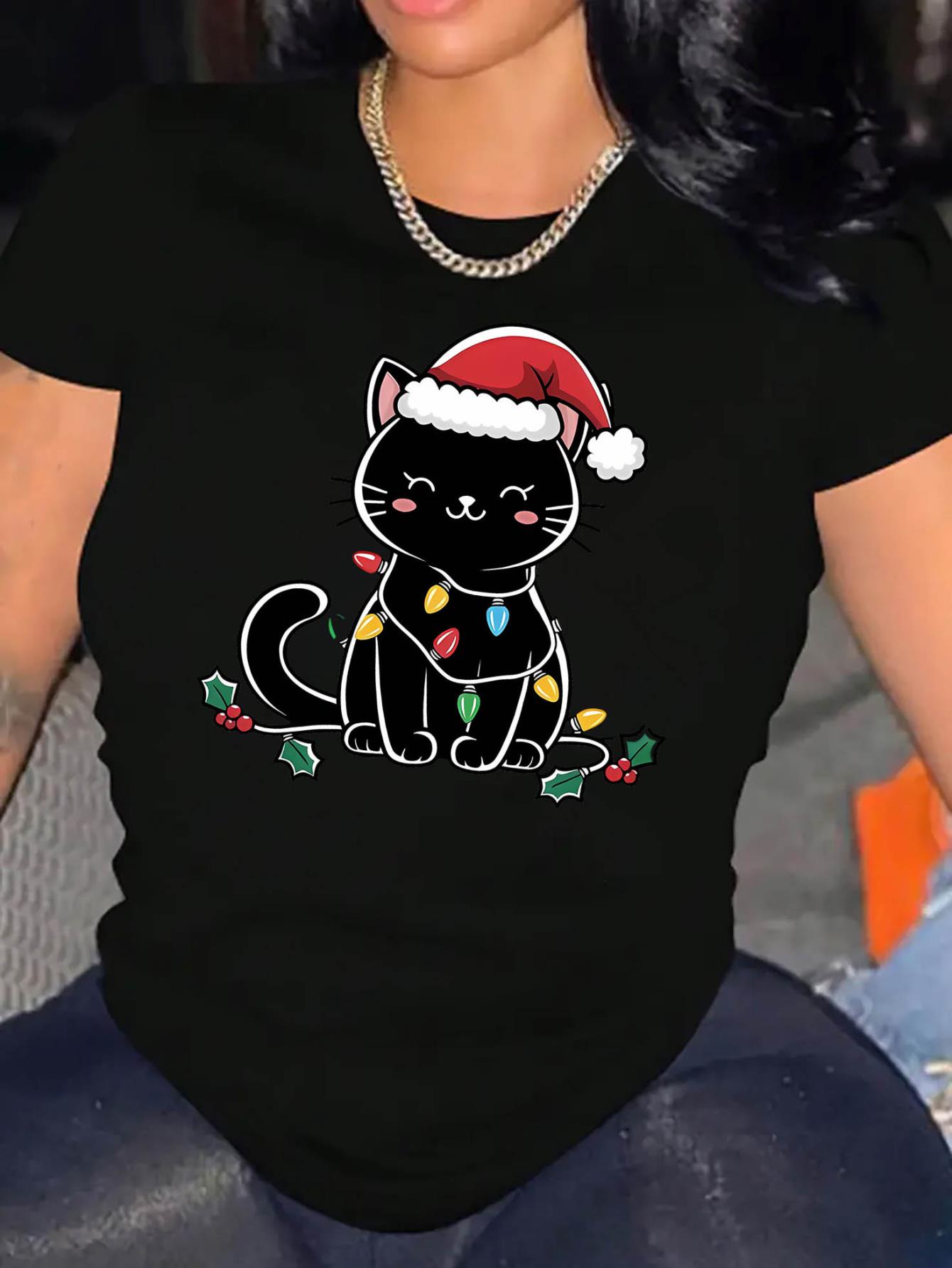 Women'S Casual Christmas Cat Print T-Shirt, Polyester Crew Neck Tee, Festive Holiday Graphic, Medium Stretch Knit Fabric, for All Season Comfort Fit Top