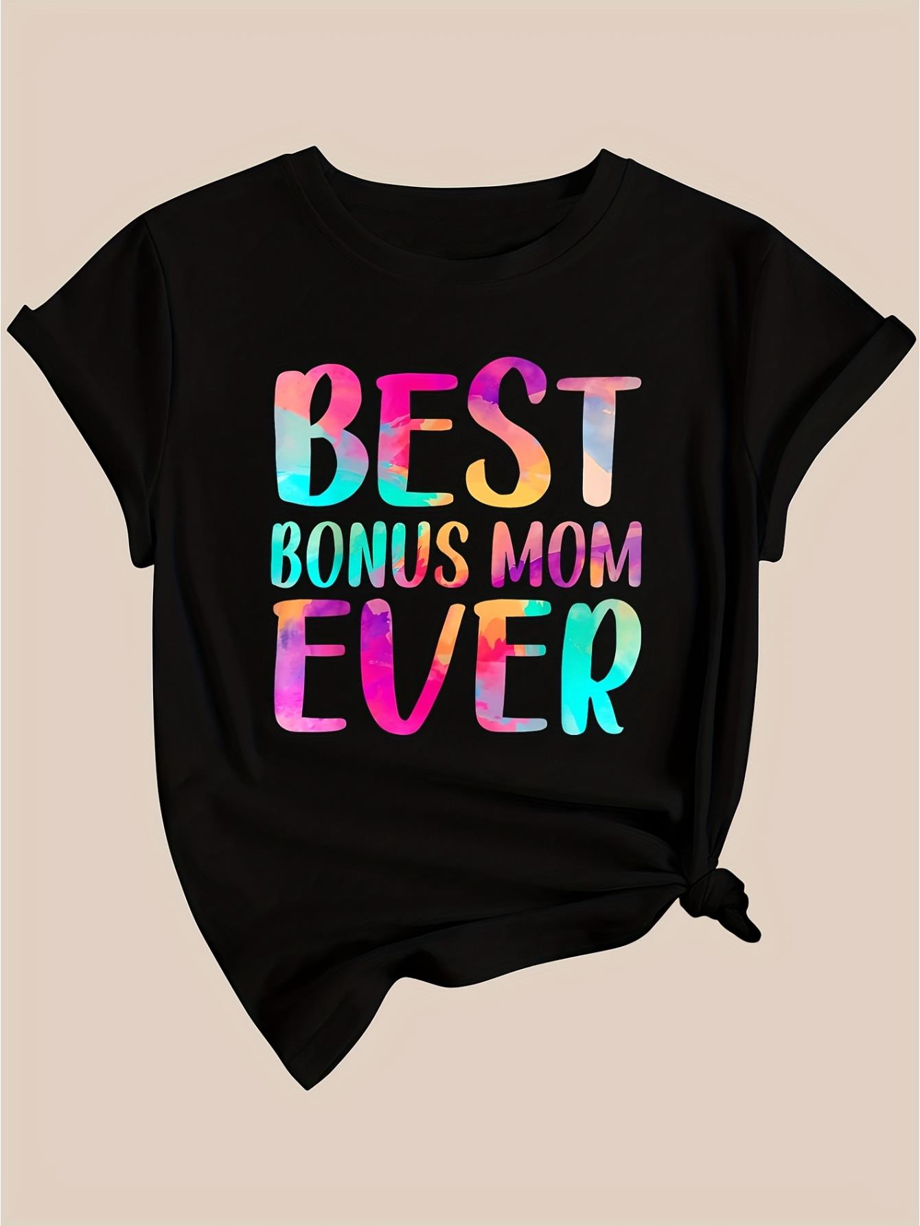 thumbnail image 3 of Best Bonus Mom Ever" Colorful Letter Print Black T-Shirt - Women's Casual Polyester Crew Neck Short Sleeve Tee, Machine Washable, 3 of 7