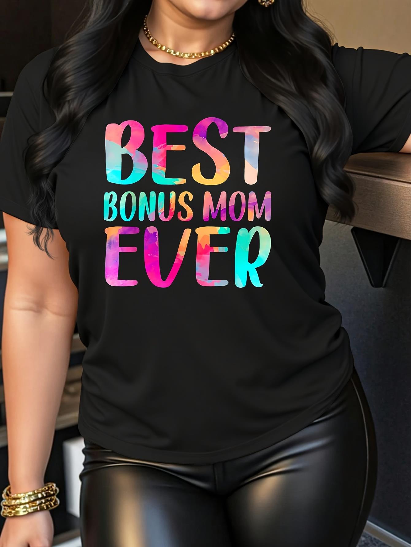 thumbnail image 1 of Best Bonus Mom Ever" Colorful Letter Print Black T-Shirt - Women's Casual Polyester Crew Neck Short Sleeve Tee, Machine Washable, 1 of 7