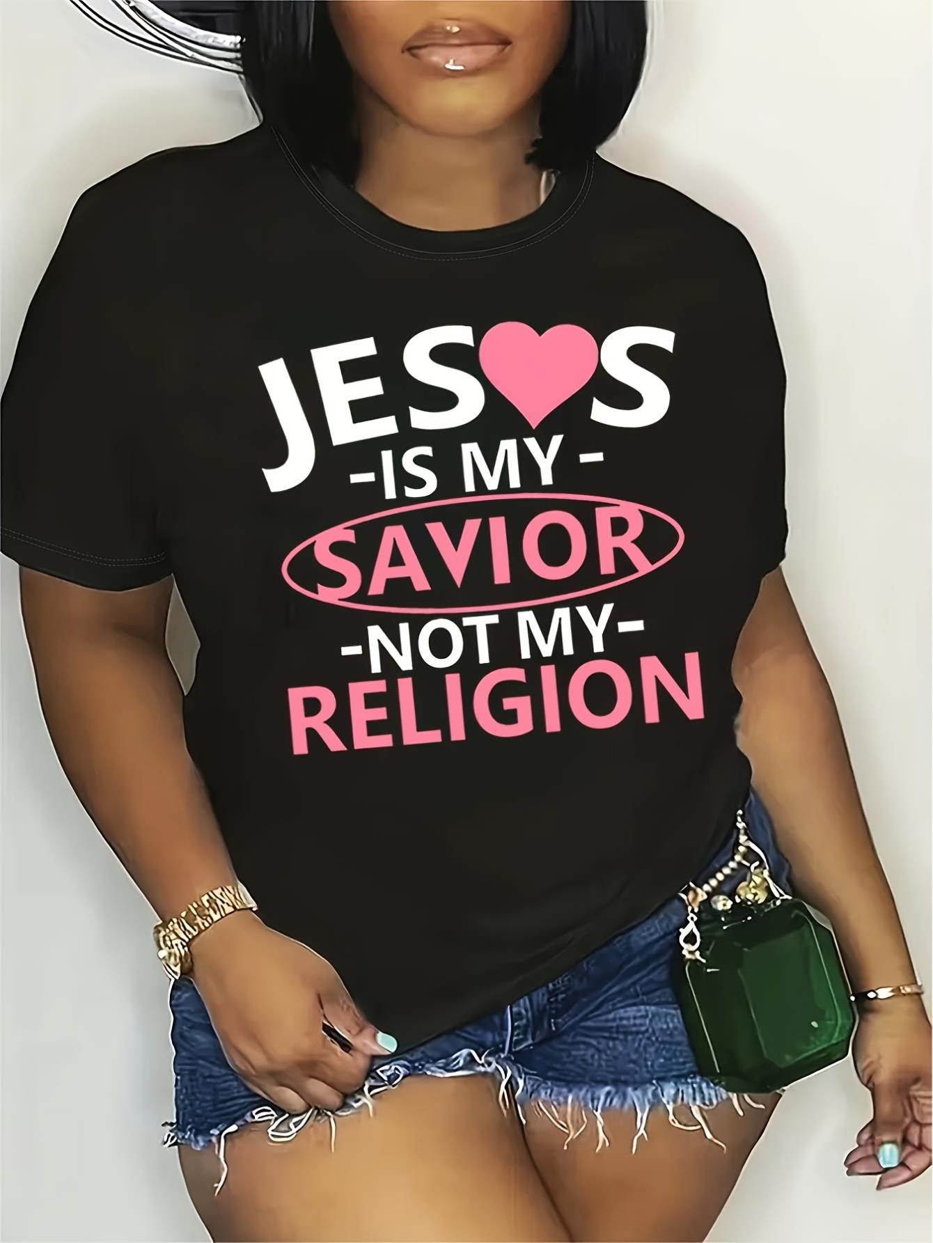 thumbnail image 2 of Women's "Jesus is My Savior, Not My Religion" Graphic Tee - Soft Polyester Crew Neck T-Shirt with Heart Accents, Casual Short Sleeve, Machine Washable, Ideal for Spring/Summer, 2 of 7