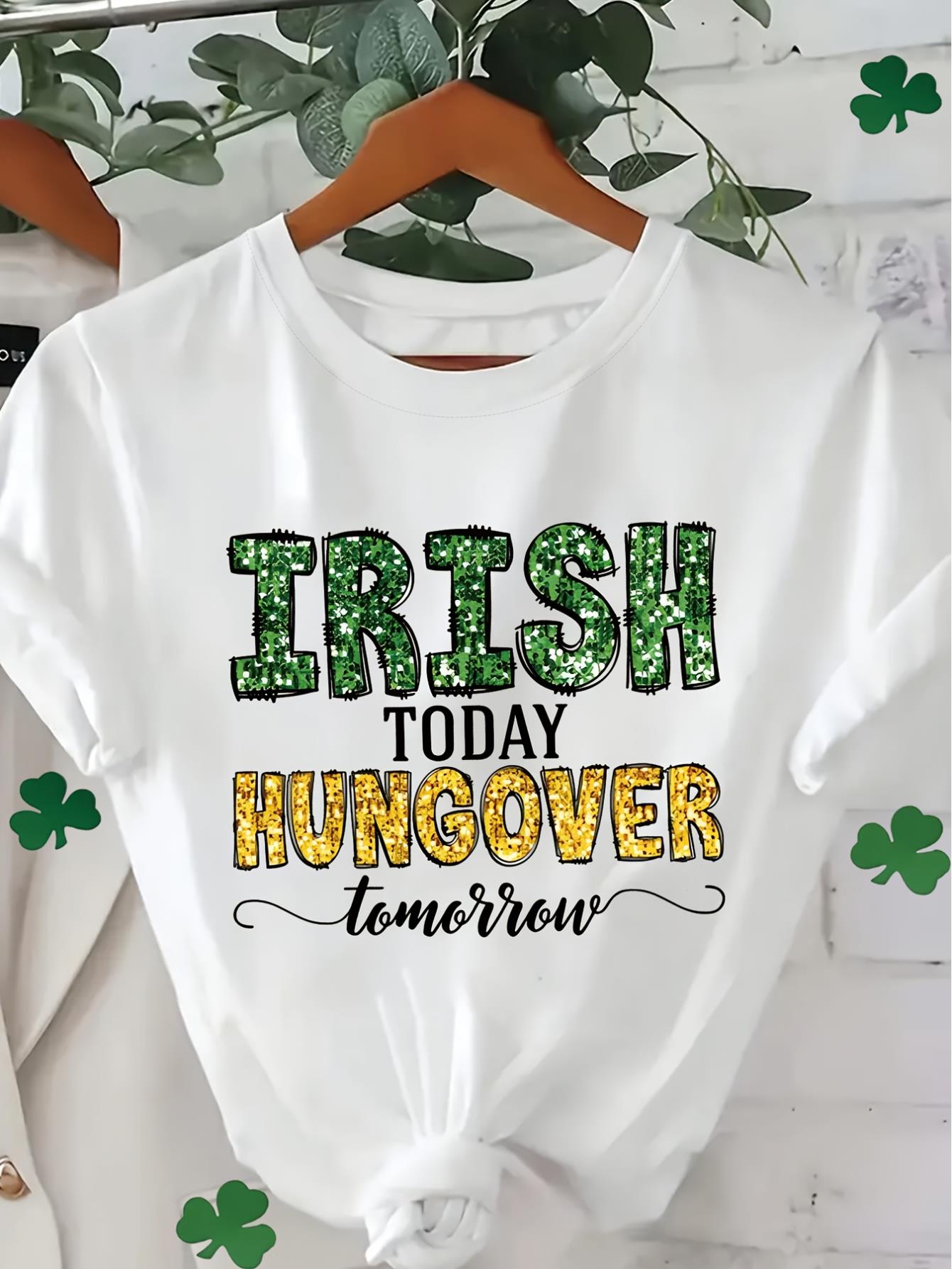 thumbnail image 2 of Lucky St. Patrick'S Day&Sequin 'IRISH TODAY HUNGOVER TOMORROW 'Print Crew Neck T-shirt, Four seasons casual short-sleeved T-shirt, Women'S Clothing, 2 of 7