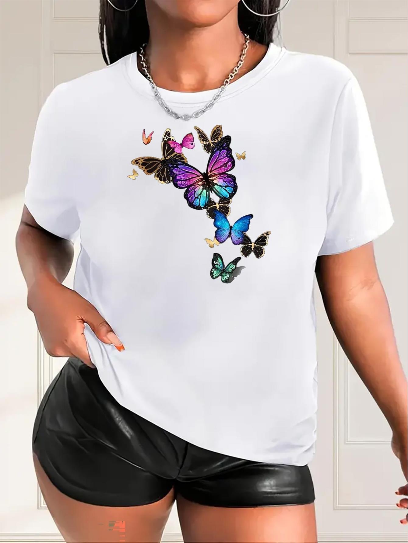 Women's Soft Pink Butterfly Print Short Sleeve T-Shirt - Casual Crew Neck, Stretchy Polyester & Spandex Blend, Machine Washable - Perfect for Spring, Summer & Fall, Allseason Top|Butterfly Print Top|