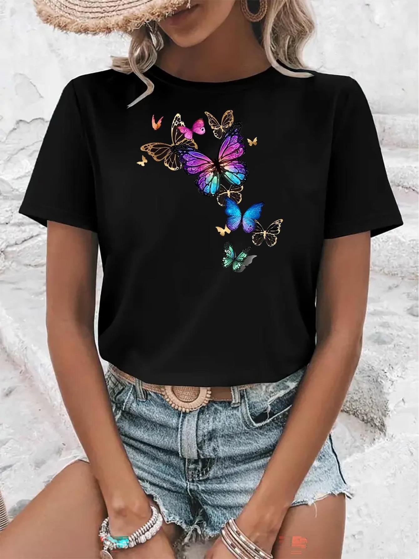 thumbnail image 2 of Women's Soft Pink Butterfly Print Short Sleeve T-Shirt - Casual Crew Neck, Stretchy Polyester & Spandex Blend, Machine Washable - Perfect for Spring, Summer & Fall, Allseason Top|Butterfly Print Top|, 2 of 8