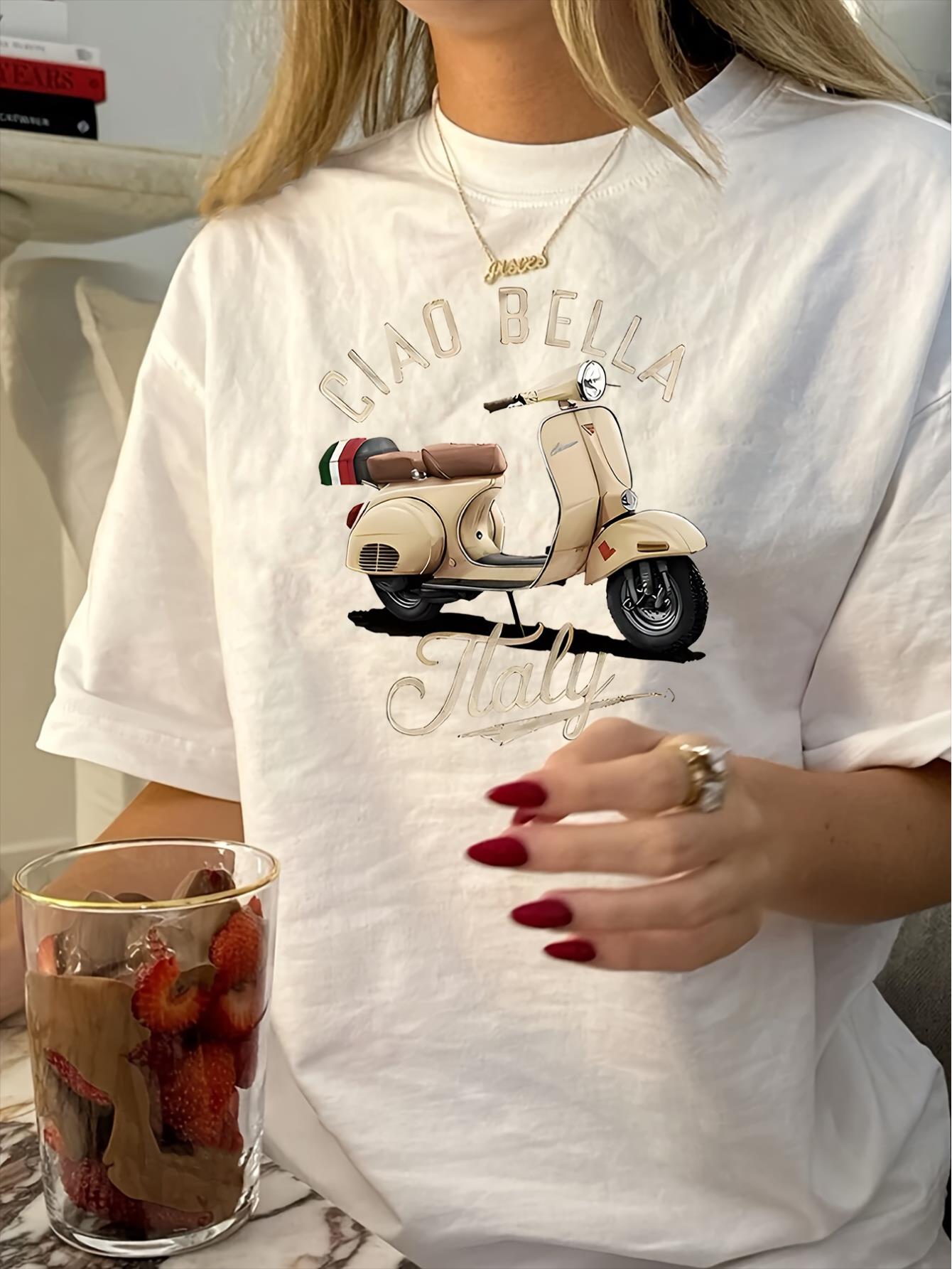 thumbnail image 1 of Vintage-Inspired Geometric Print T-Shirt for Women - Casual Crew Neck, Short Sleeve, Polyester Blend, Machine Washable - Perfect for Summer, 1 of 6