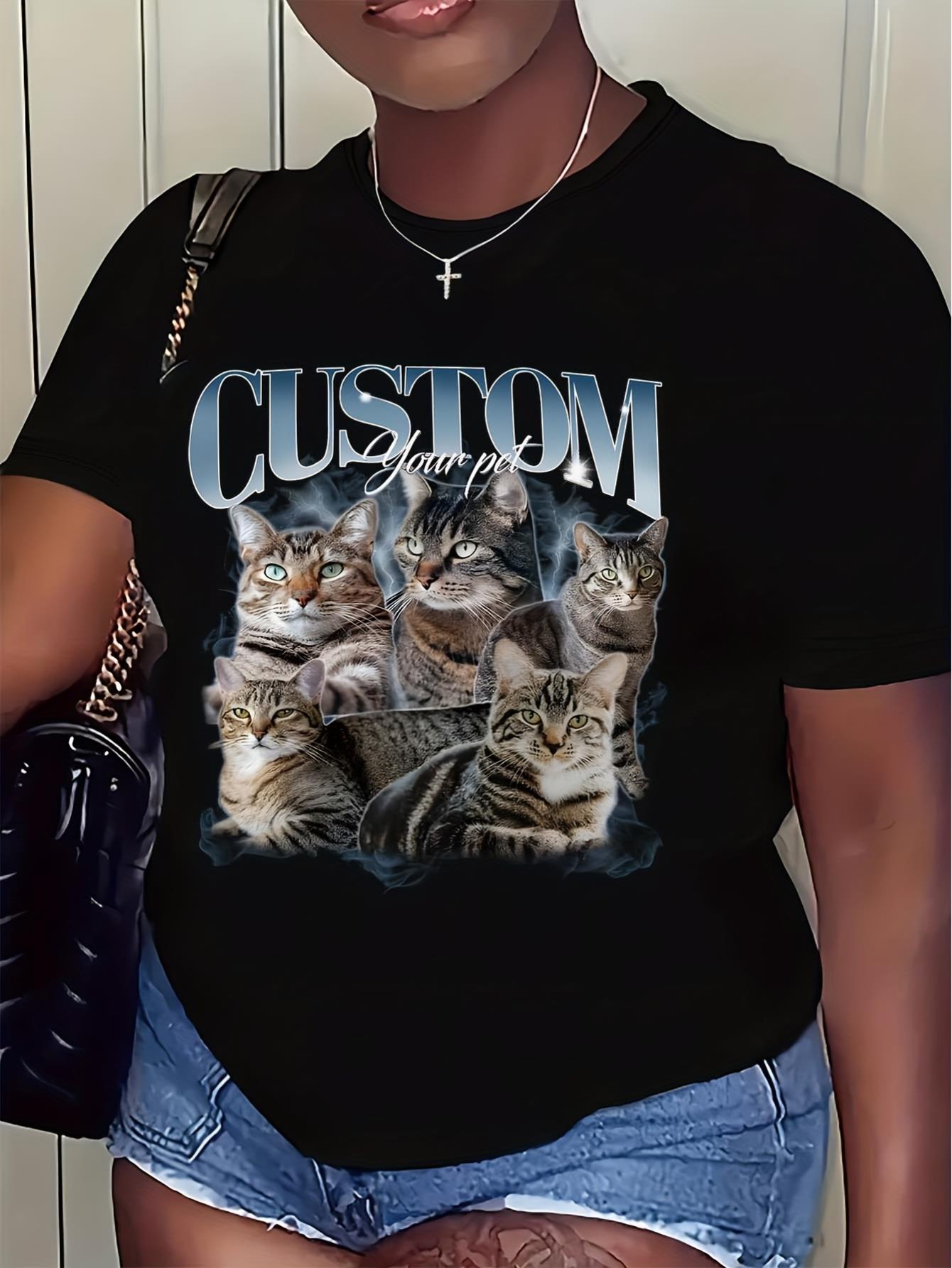 thumbnail image 1 of Customizable Polyester T-Shirt with Cool Cats Print, Casual Crew Neck, Short Sleeve, Knit Fabric, Animal Pattern, All-Season Comfort - 100% Polyester, 1 of 6