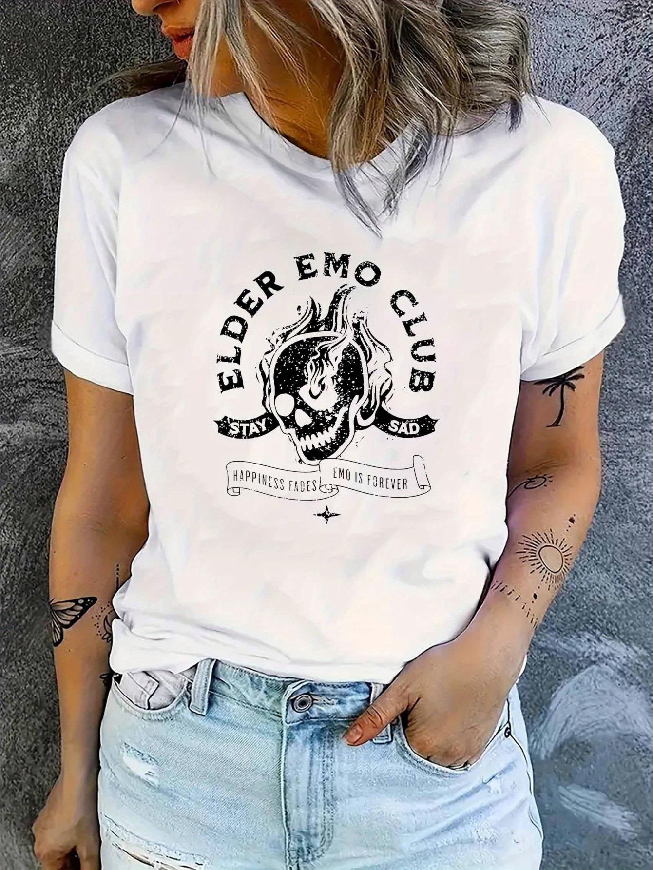 thumbnail image 2 of [Minimalist] Women's Elder Emo Club Graphic T-Shirt - Black, Skull & Flame Design with Bold Text, Polyester Spandex Blend, Crew Neck, Short Sleeve, Casual Alternative Style, Medium Stretch Knit Fabri, 2 of 7