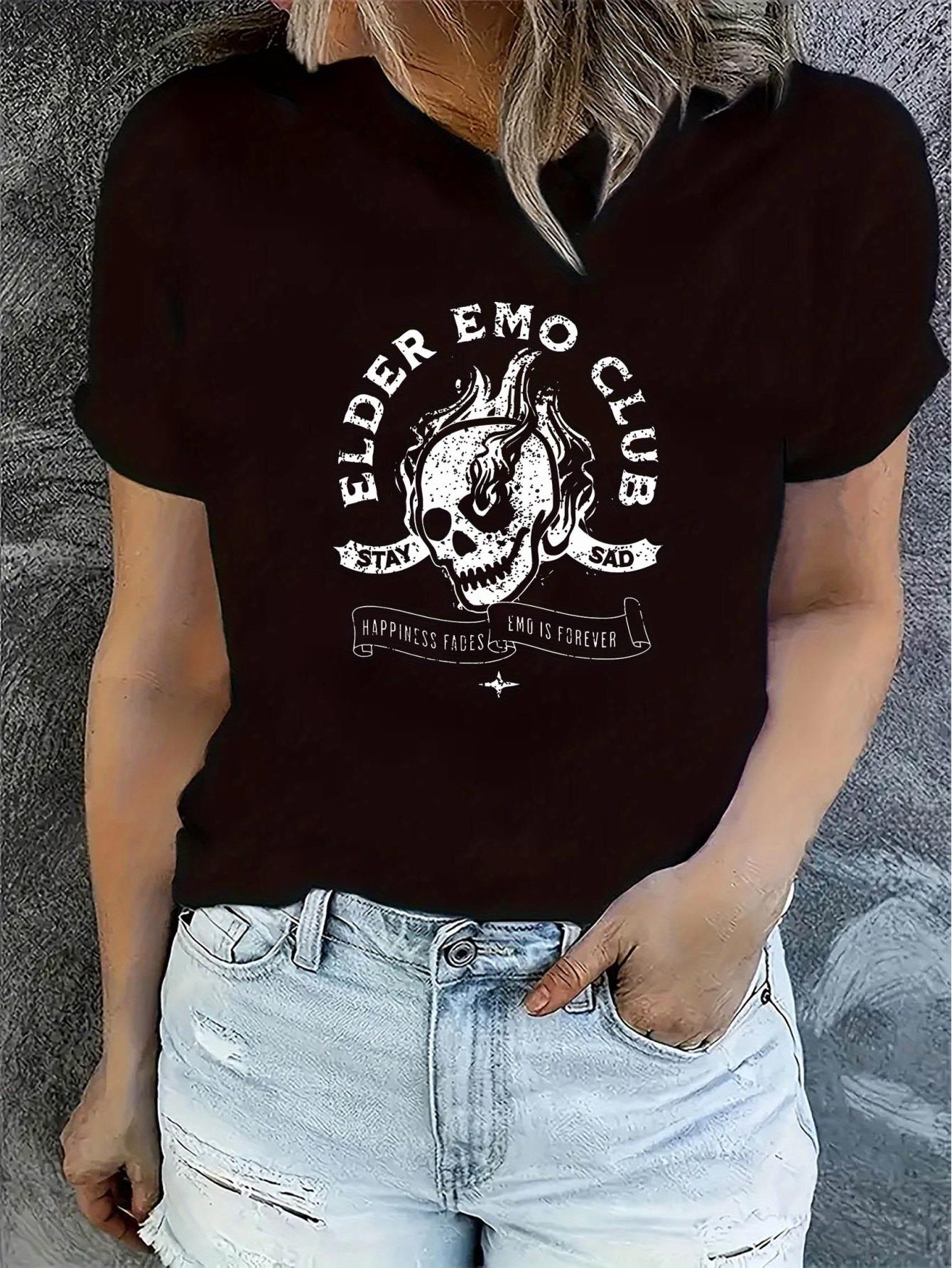 thumbnail image 1 of [Minimalist] Women's Elder Emo Club Graphic T-Shirt - Black, Skull & Flame Design with Bold Text, Polyester Spandex Blend, Crew Neck, Short Sleeve, Casual Alternative Style, Medium Stretch Knit Fabri, 1 of 7