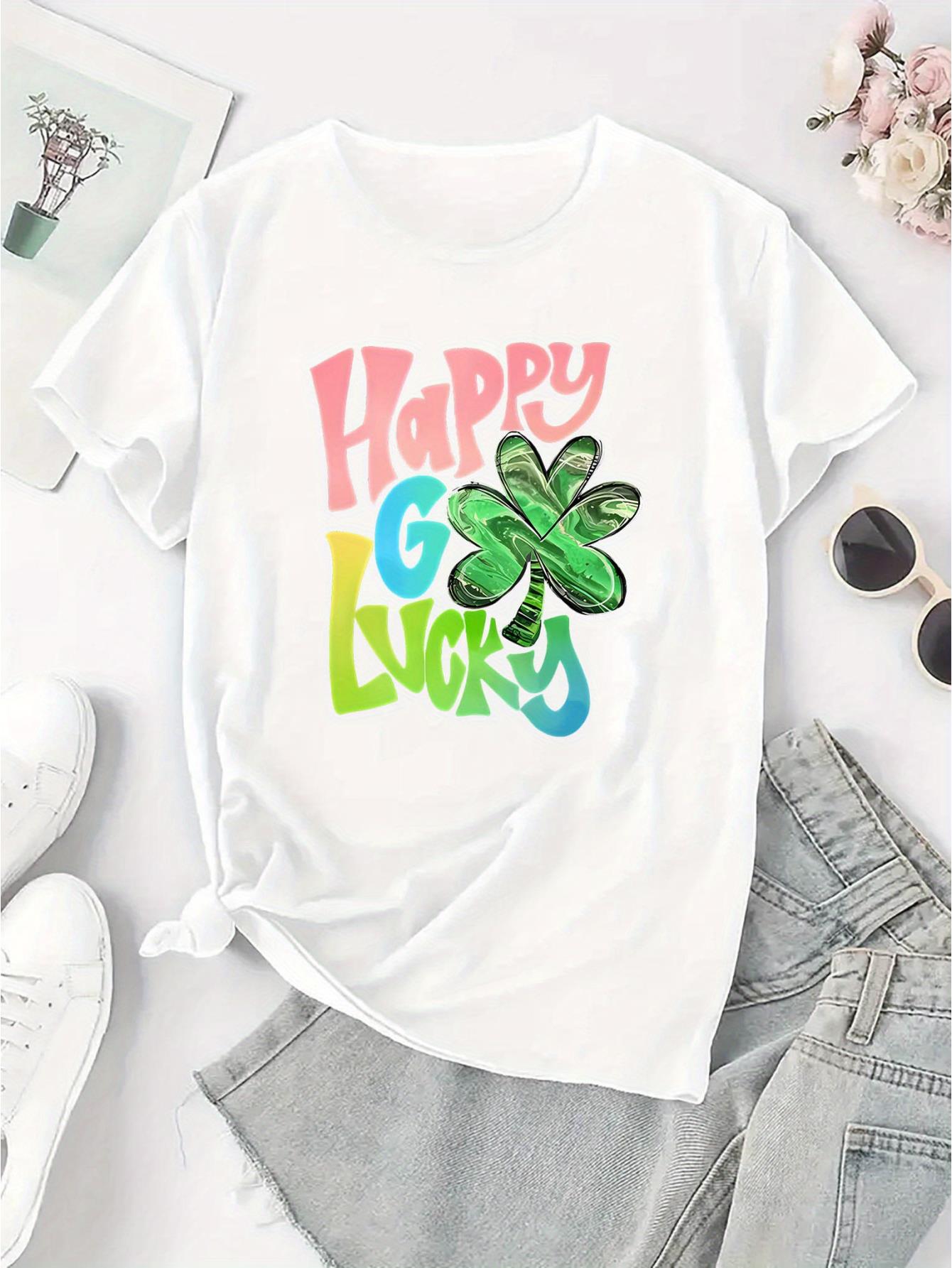 thumbnail image 3 of Happy St. Patrick'S Day Print T-shirt, Casual Short Sleeve Crew Neck Tee, Polyester Medium Stretch Geometric-pattern Women'S Clothing, 3 of 8