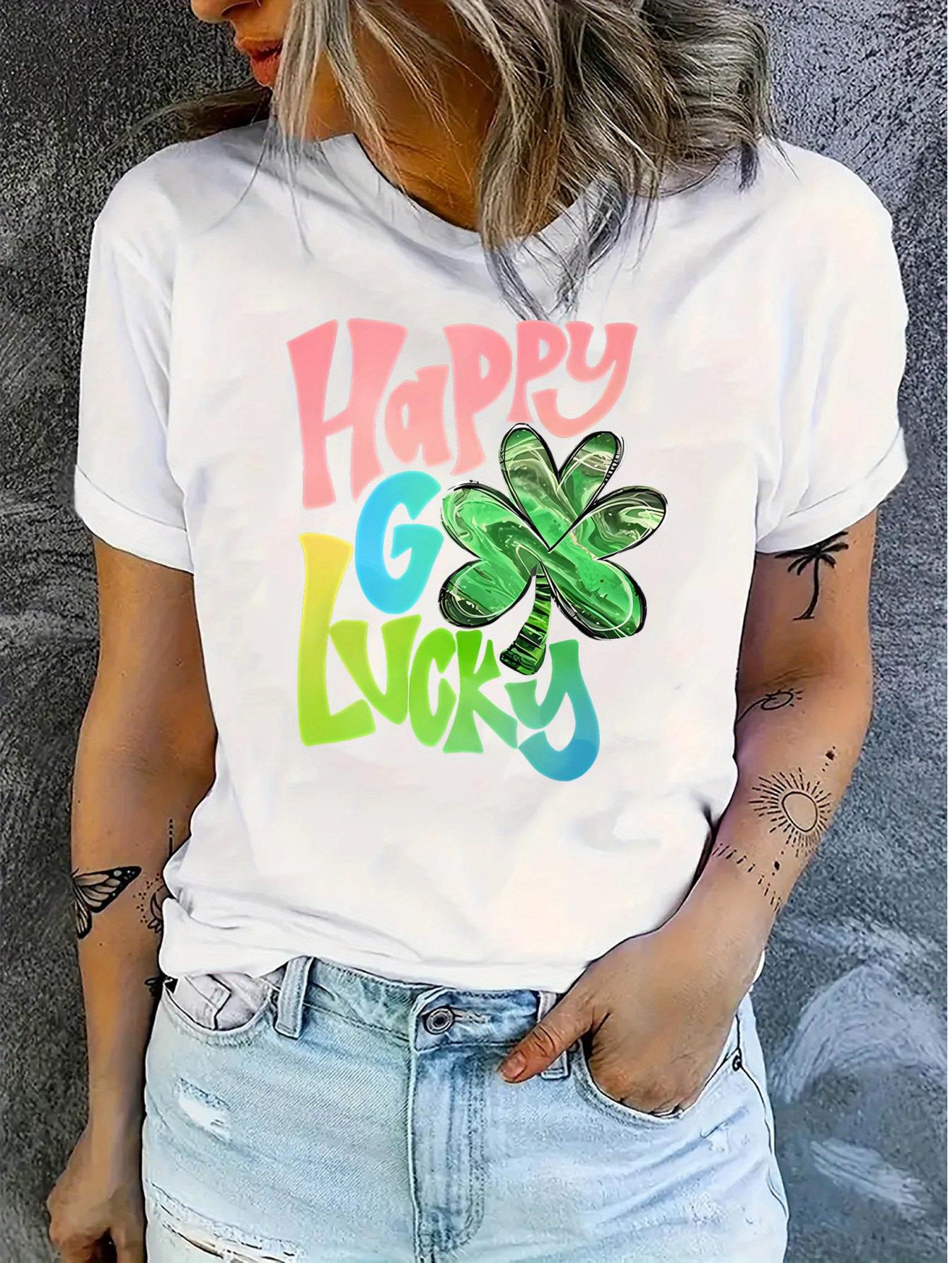 thumbnail image 2 of Happy St. Patrick'S Day Print T-shirt, Casual Short Sleeve Crew Neck Tee, Polyester Medium Stretch Geometric-pattern Women'S Clothing, 2 of 8