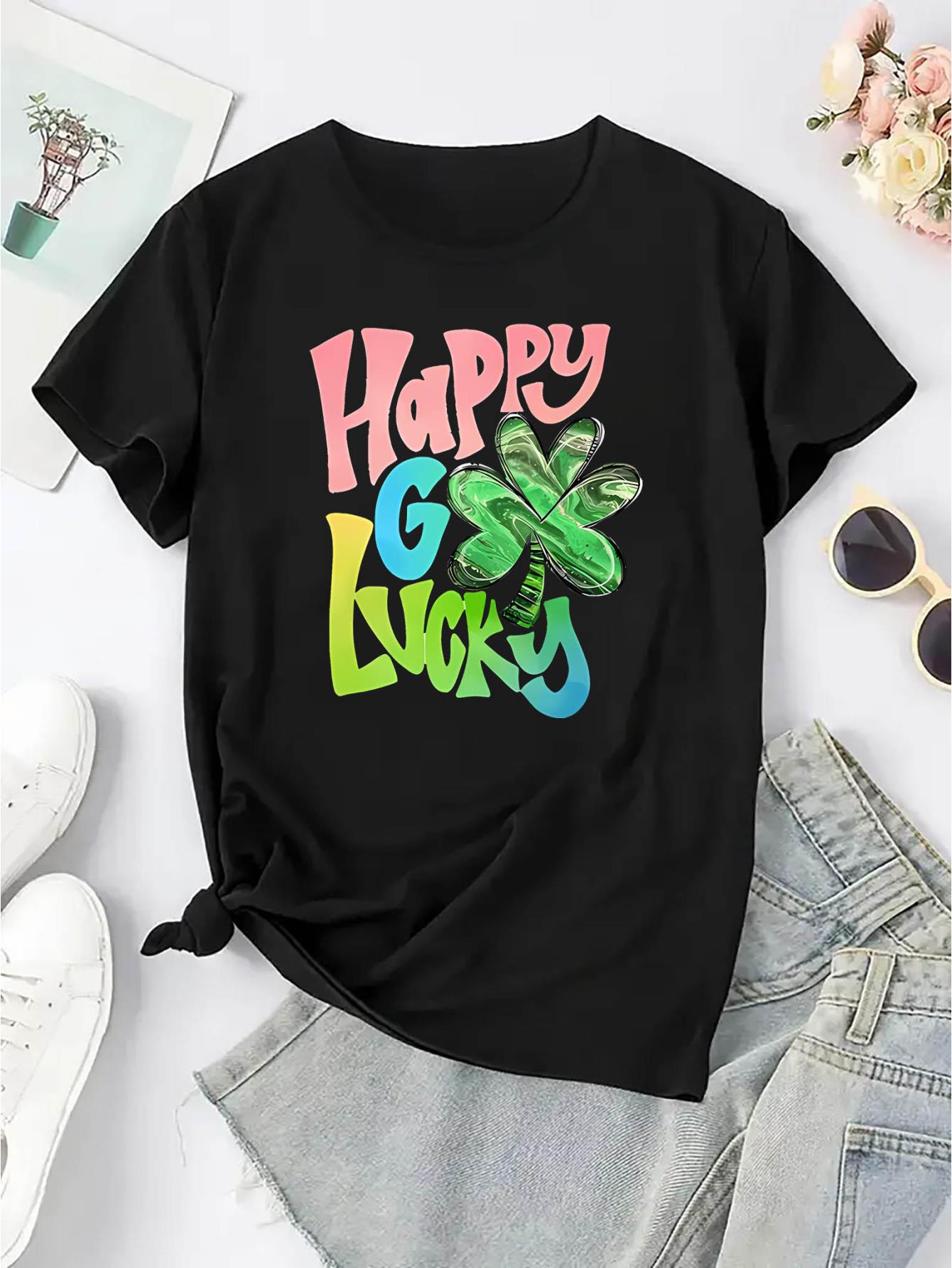 thumbnail image 4 of Happy St. Patrick'S Day Print T-shirt, Casual Short Sleeve Crew Neck Tee, Polyester Medium Stretch Geometric-pattern Women'S Clothing, 4 of 8