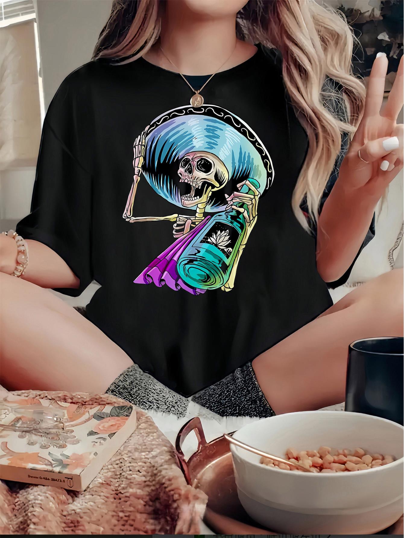 thumbnail image 1 of Women's Fun Colorful Skull & Hat Print T-Shirt - Casual Crew Neck, Short Sleeve, Stretchy Polyester Blend, Machine Washable - Perfect for Summer, 1 of 8