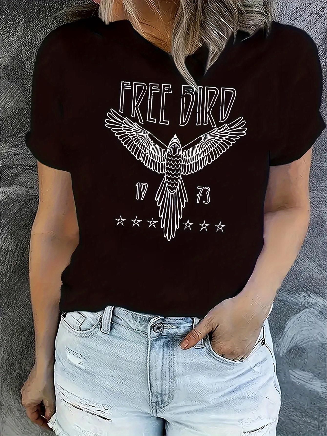 Women's Casual Bird Print T-Shirt - Comfy Crew Neck Short Sleeve Top, Stretchy Polyester Blend, Machine Washable - Perfect for Summer
