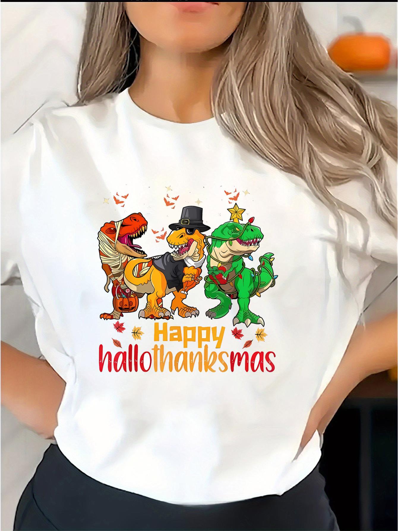 thumbnail image 1 of Women's Casual Round Neck Short Sleeve T-Shirt, Halloween Thanksgiving Dinosaur Graphic, Fashionable Knit Polyester Fabric, Comfortable Summer Top, Geometric Pattern, All Seasons, 1 of 8