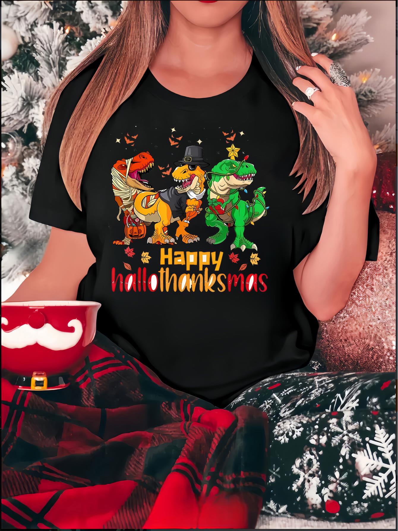 thumbnail image 2 of Women's Casual Round Neck Short Sleeve T-Shirt, Halloween Thanksgiving Dinosaur Graphic, Fashionable Knit Polyester Fabric, Comfortable Summer Top, Geometric Pattern, All Seasons, 2 of 8