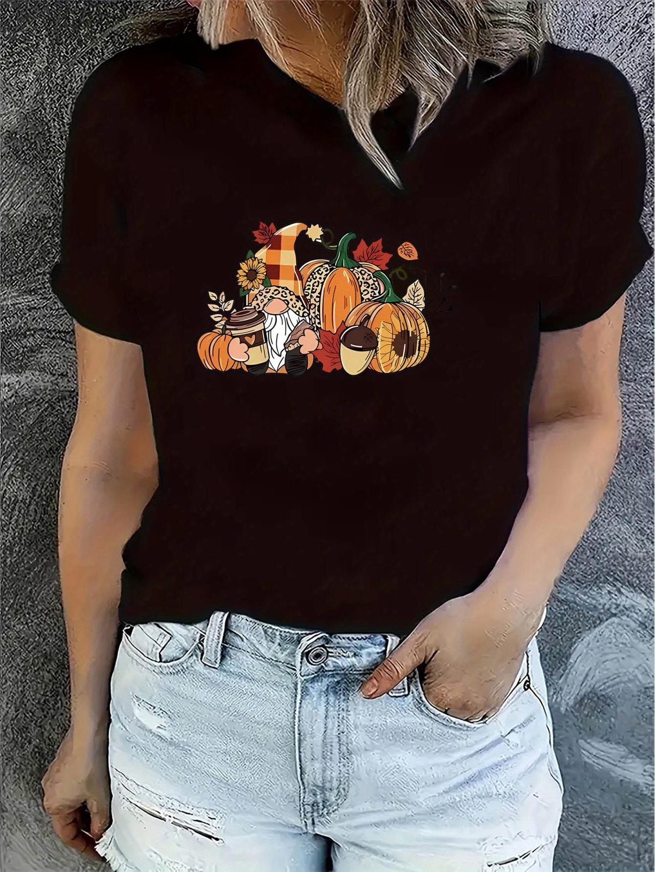 thumbnail image 1 of Minimalist Halloween Pumpkin Dwarf Pattern Print T-shirt, Short Sleeve Crew Neck Casual Top For Summer & Spring, Women's Clothing, 1 of 8