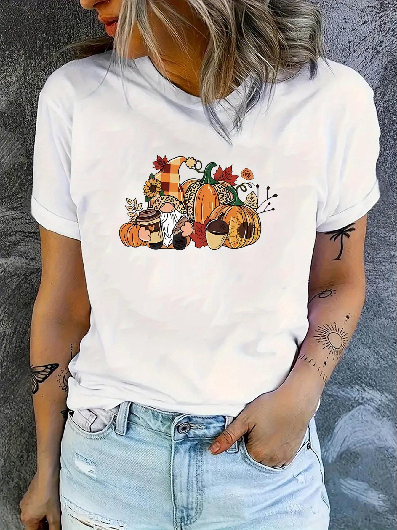 thumbnail image 2 of Minimalist Halloween Pumpkin Dwarf Pattern Print T-shirt, Short Sleeve Crew Neck Casual Top For Summer & Spring, Women's Clothing, 2 of 8