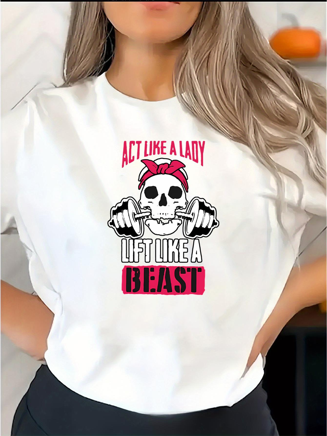 thumbnail image 2 of Women'S Casual Crew Neck T-Shirt, Polyester Knit Fabric with Medium Stretch, Alphabet Pattern, with Skull and Motivational Quote Print, for All-Season Comfort Fit Tee, 2 of 8