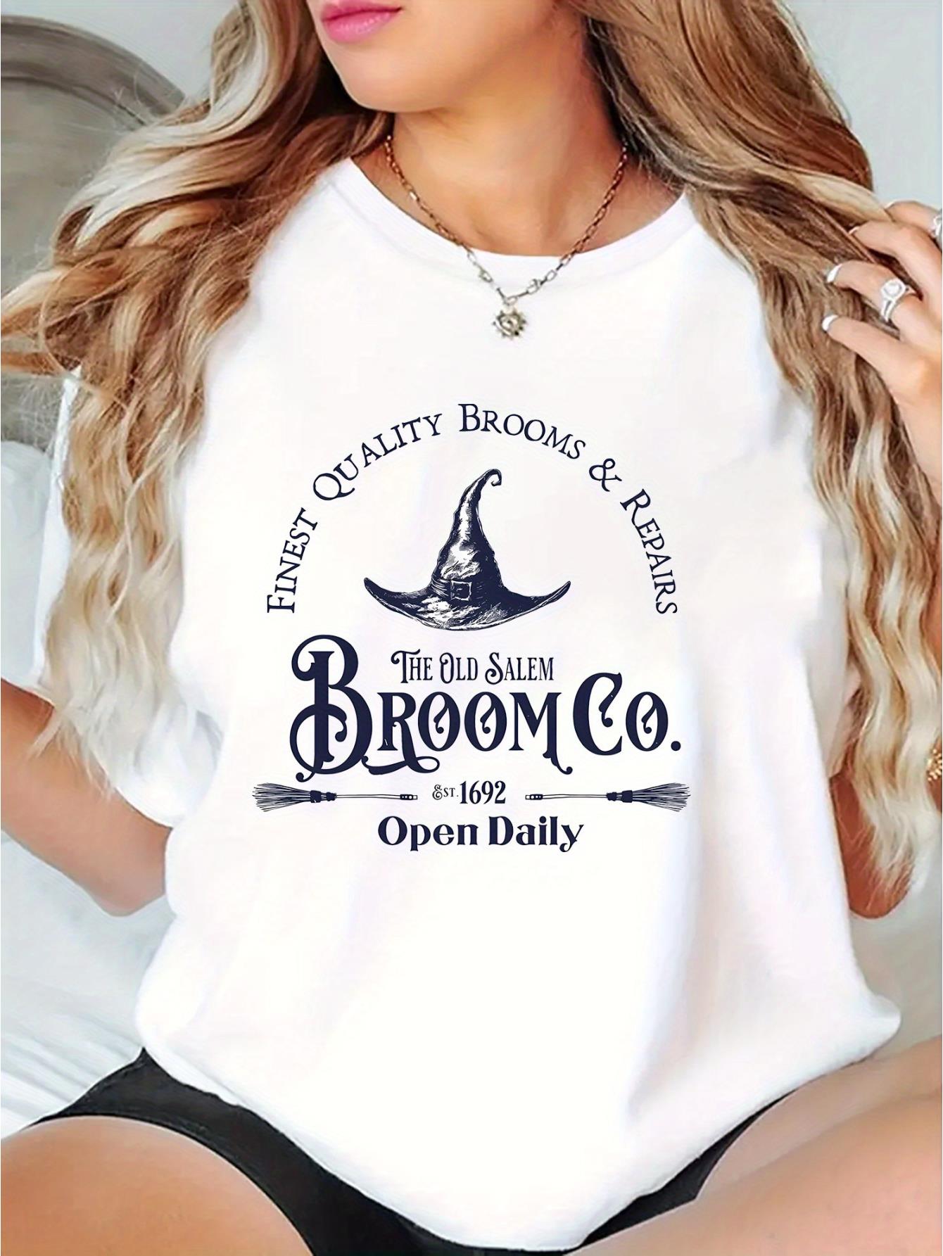 thumbnail image 1 of Women'S Casual Round Neck Short Sleeve T-Shirt, Witch Broom Pattern, Fashionable Geometric Design, Comfortable Summer Top, Knitted Polyester Fabric, All Seasons, Ladies Leisure Sportswear, for Hallow, 1 of 8