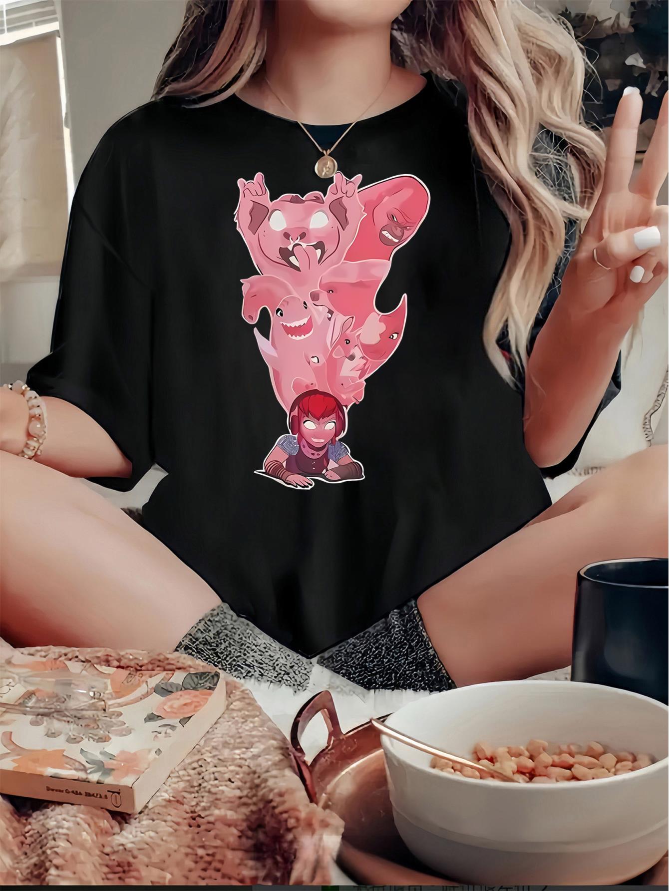 Women's Fun Pink Monster Graphic Tee - Casual Crew Neck Short Sleeve T-Shirt, Stretchy & Machine Washable, Perfect for Summer