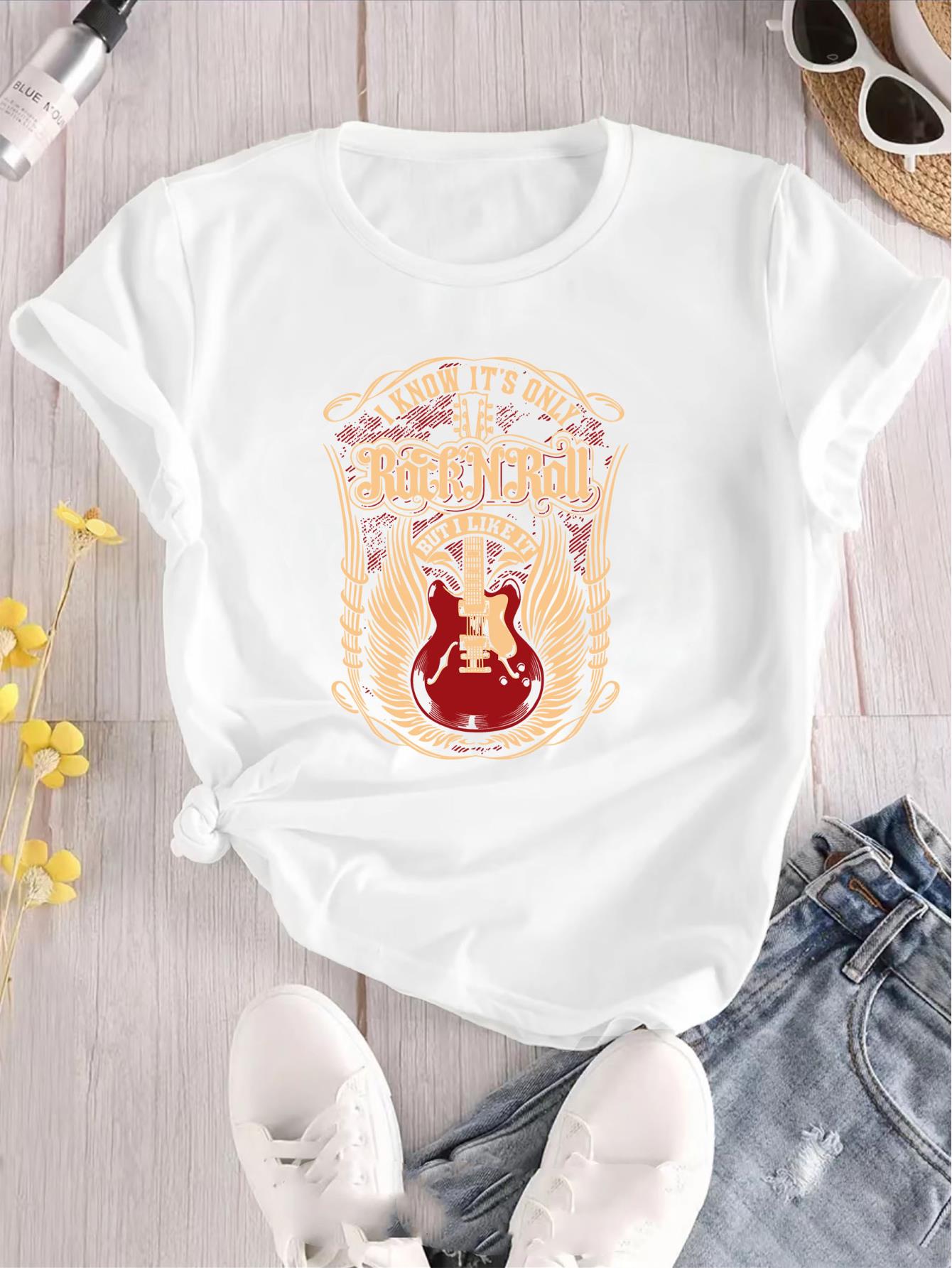 thumbnail image 3 of Women's Fashion Guitar Print T-Shirt - Casual Crew Neck, Short Sleeve, Stretchy Polyester Blend, Machine Washable - Perfect for Summer & Casual Attire, Leisure Style, ALL/Global/All, 3 of 8