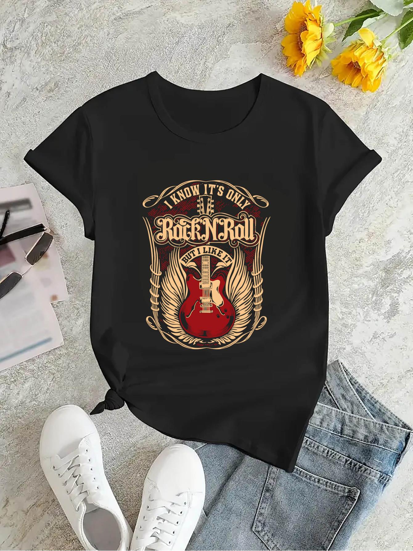 thumbnail image 4 of Women's Fashion Guitar Print T-Shirt - Casual Crew Neck, Short Sleeve, Stretchy Polyester Blend, Machine Washable - Perfect for Summer & Casual Attire, Leisure Style, ALL/Global/All, 4 of 8