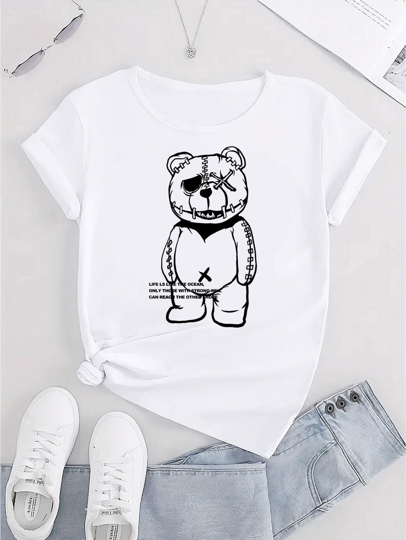 thumbnail image 3 of Chic Blue Rose Print Women's T-Shirt - Casual Crew Neck, Short Sleeve, Stretchy Polyester Blend, Machine Washable - Perfect for Summer & Everyday Fashion, 3 of 8