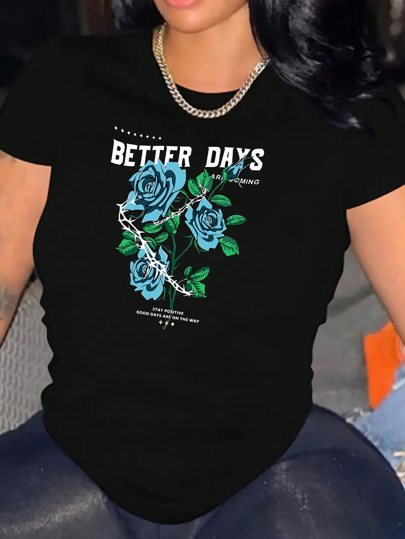 thumbnail image 1 of Chic Blue Rose Print Women's T-Shirt - Casual Crew Neck, Short Sleeve, Stretchy Polyester Blend, Machine Washable - Perfect for Summer & Everyday Fashion, 1 of 8