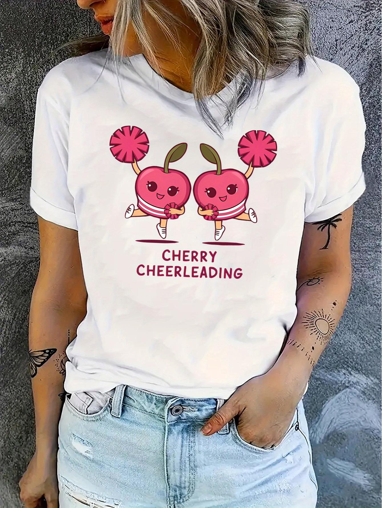 thumbnail image 2 of Women's Cherry Cheerleading Graphic Tee - Casual & Sporty Round Neck Short Sleeve, Comfy Polyester Blend Summer Top with Machine Washable Care, 2 of 8
