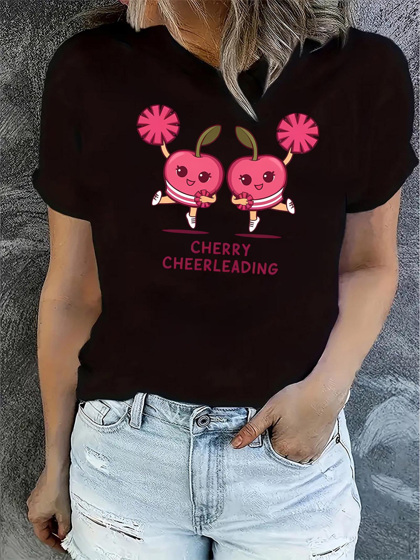 thumbnail image 1 of Women's Cherry Cheerleading Graphic Tee - Casual & Sporty Round Neck Short Sleeve, Comfy Polyester Blend Summer Top with Machine Washable Care, 1 of 8