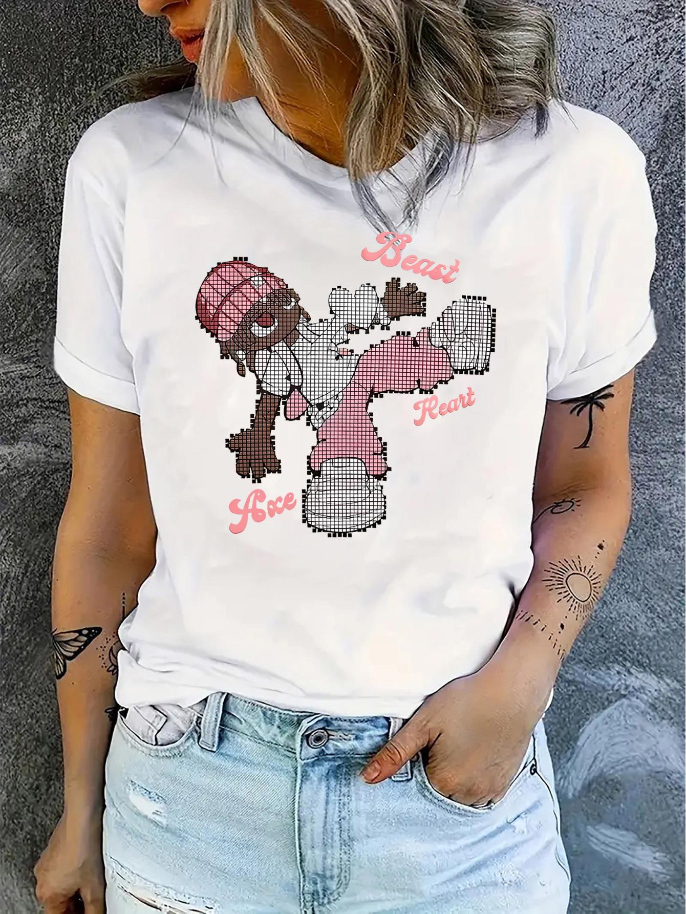 thumbnail image 2 of Women'S Fashion Casual Round Neck Short Sleeve T-Shirt, Creative Cartoon Print, Comfortable Summer Top, Polyester Blend, All-Season, Ladies Leisure Sportswear, 2 of 8