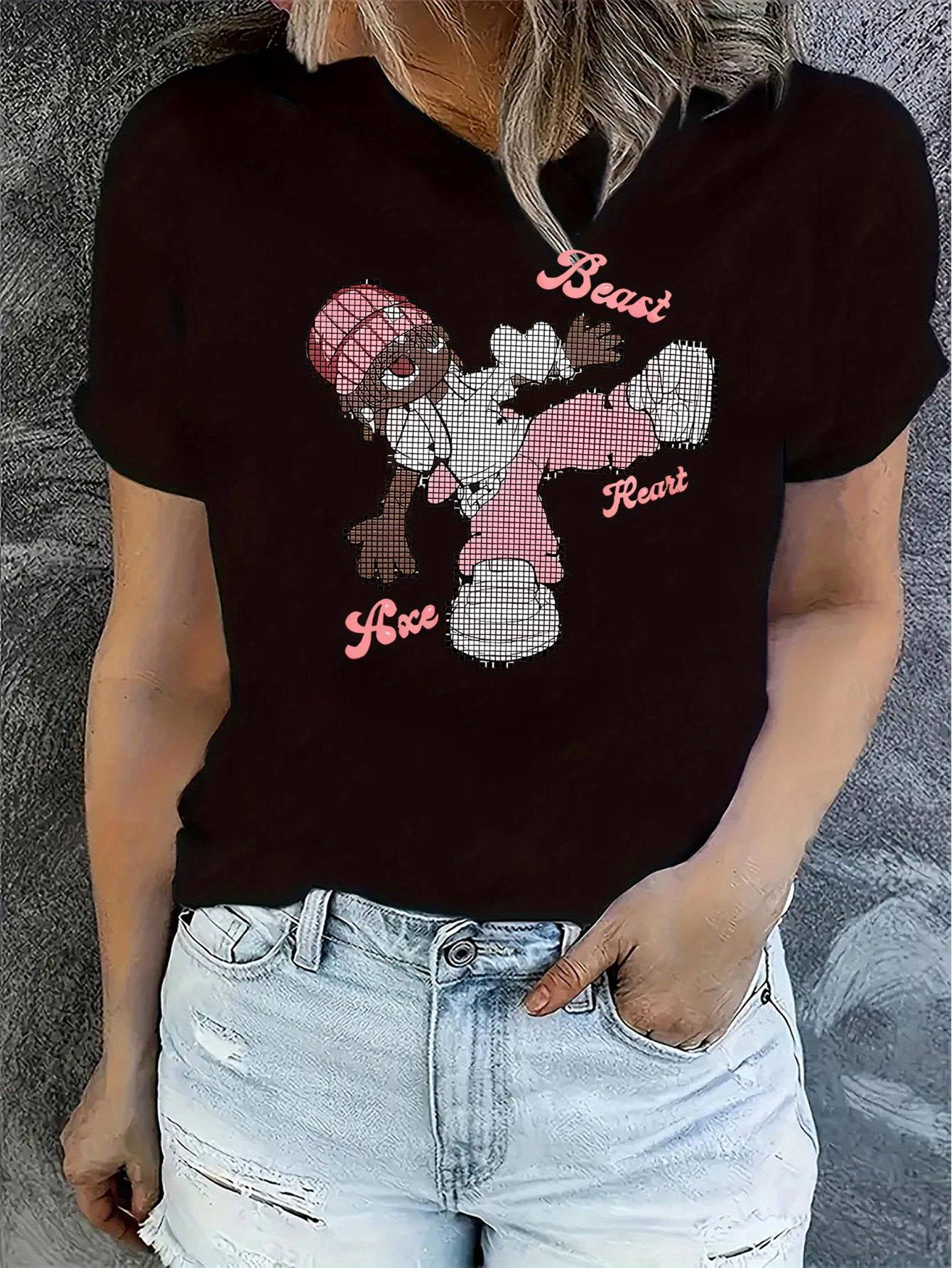 Women'S Fashion Casual Round Neck Short Sleeve T-Shirt, Creative Cartoon Print, Comfortable Summer Top, Polyester Blend, All-Season, Ladies Leisure Sportswear