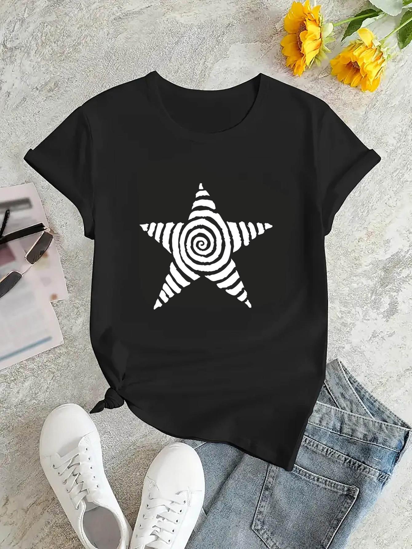 thumbnail image 4 of Women's Casual Geometric Star Print T-Shirt - Polyester Knit Fabric, Medium Stretch, Round Neck, All-Season Comfort, Fashionable Short Sleeve Top, 4 of 8