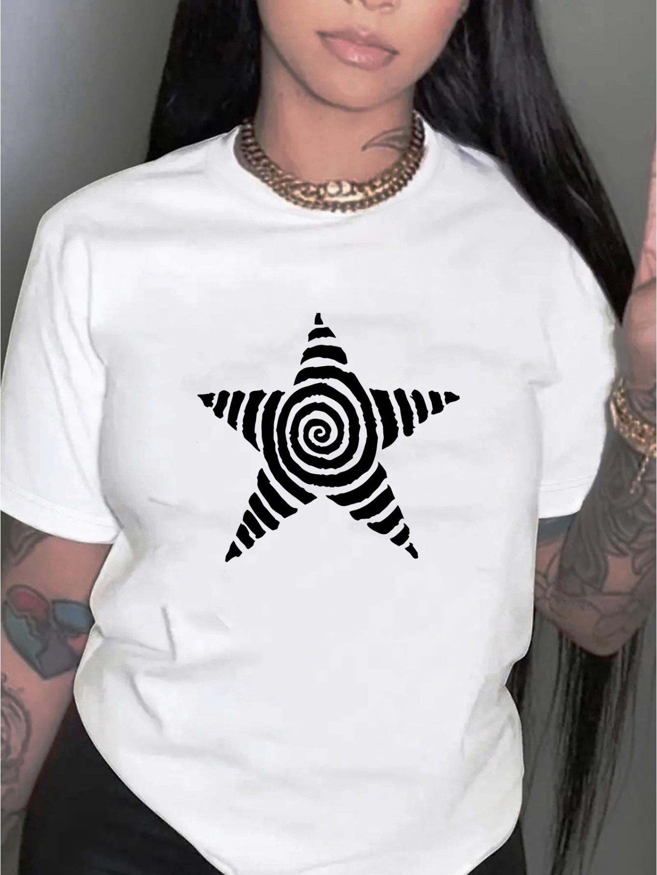 thumbnail image 1 of Women's Casual Geometric Star Print T-Shirt - Polyester Knit Fabric, Medium Stretch, Round Neck, All-Season Comfort, Fashionable Short Sleeve Top, 1 of 8