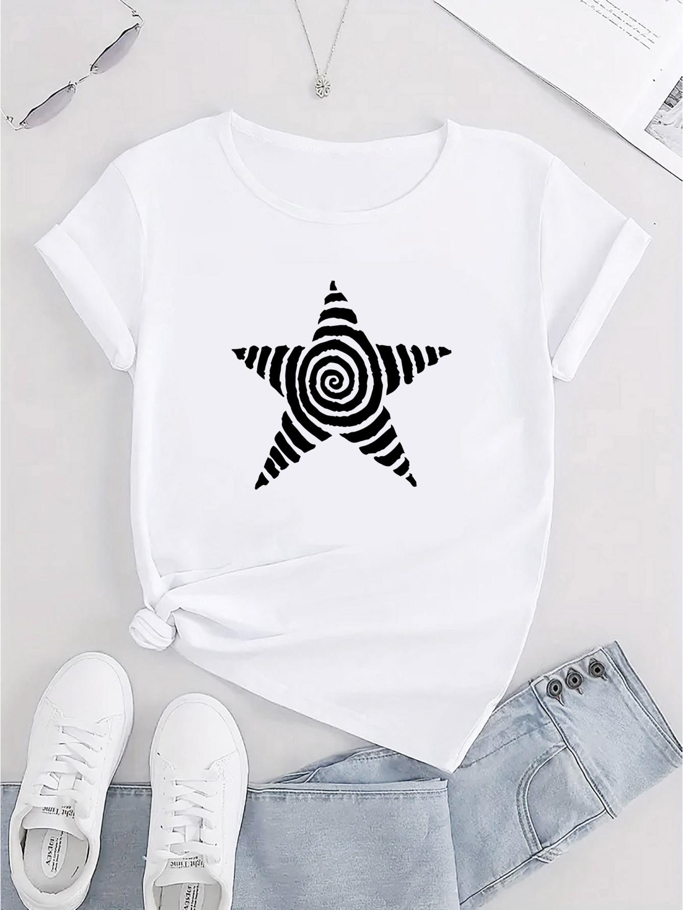 thumbnail image 3 of Women's Casual Geometric Star Print T-Shirt - Polyester Knit Fabric, Medium Stretch, Round Neck, All-Season Comfort, Fashionable Short Sleeve Top, 3 of 8
