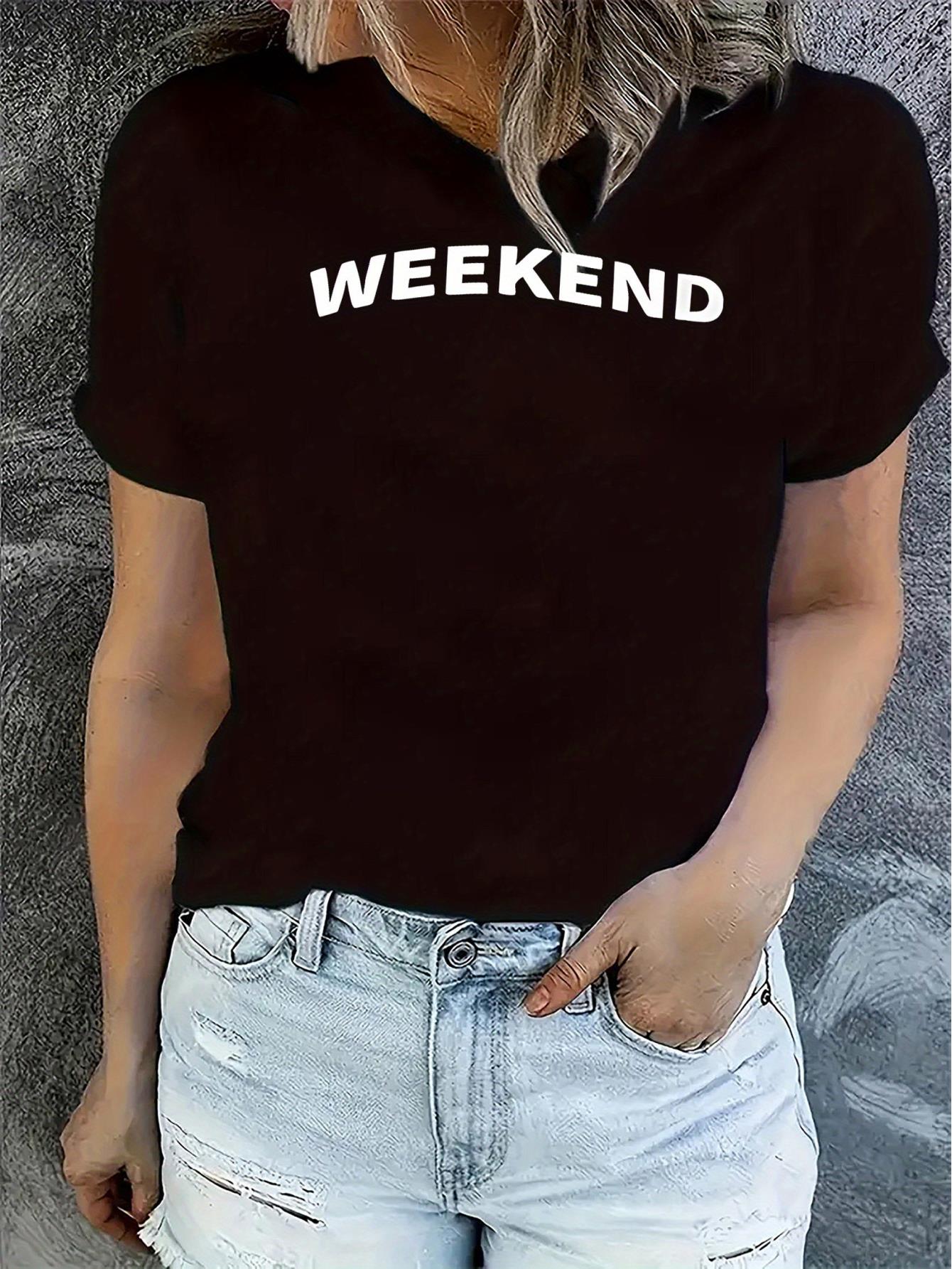 thumbnail image 1 of Women's Casual Chic Weekend Graphic Tee - Comfy Stretchy Polyester & Spandex Blend, Round Neck Short Sleeve T-Shirt with Letter Print, Machine Washable - Perfect for Summer, 1 of 8