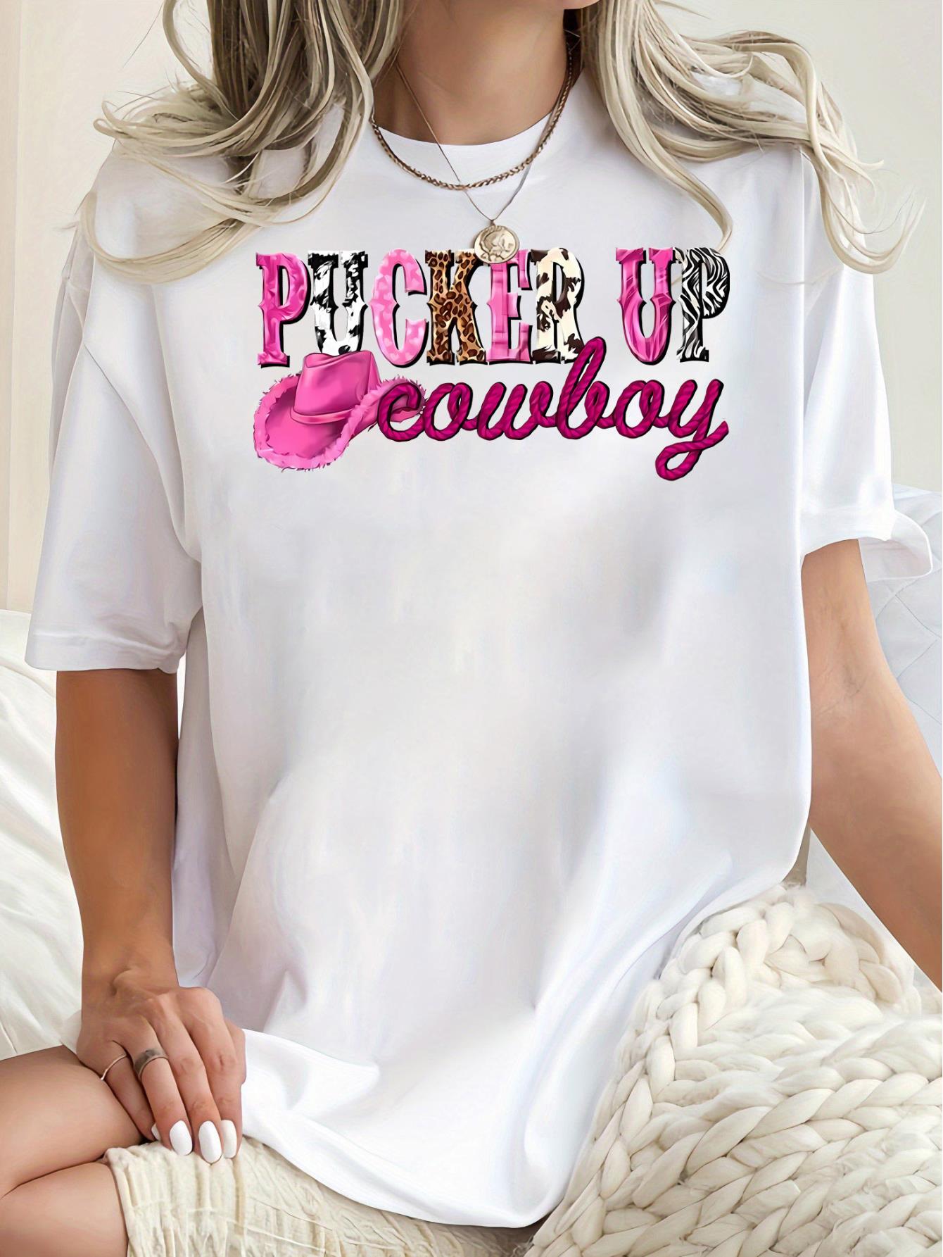 thumbnail image 2 of Women'S Fashion Casual Short Sleeve T-Shirt with "Pucker Up Cowboy" Pink Leopard Print, Polyester Knit Blend with Spandex, Crew Neck, Medium Stretch, All Season Comfort Tee, 2 of 8
