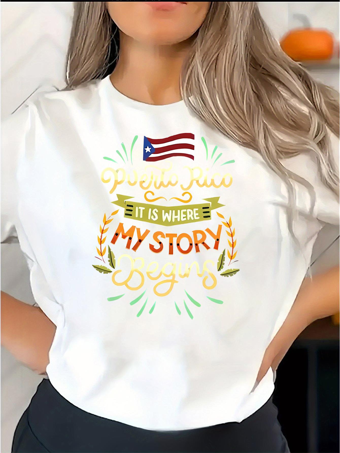 thumbnail image 1 of 1pc Puerto Rico Flag Print Crew Neck T-Shirt, Casual Polyester Knit Fabric, Medium Stretch, All-Season Comfort, Fashionable Short Sleeve Tee for Women, 1 of 8