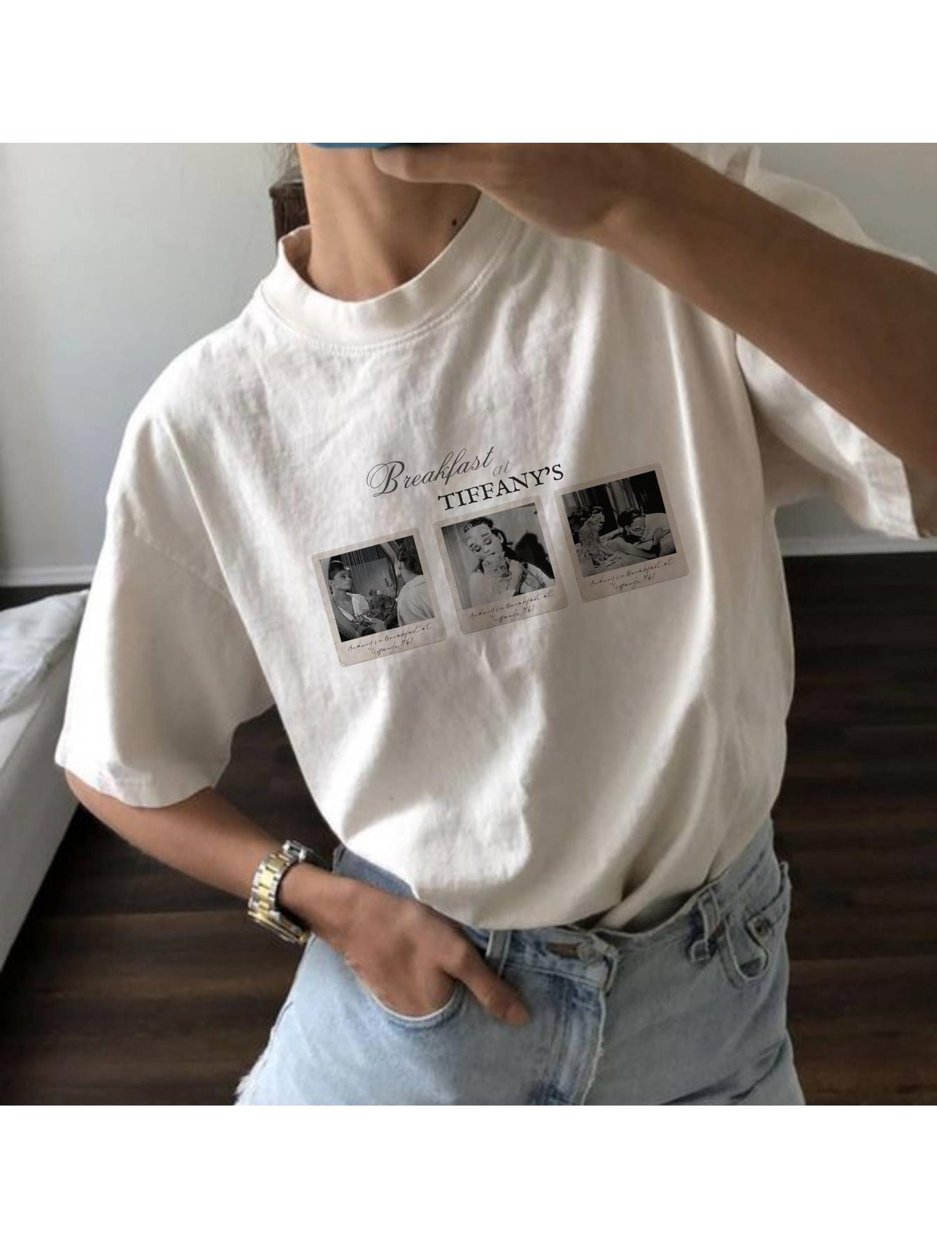 Vintage Style Geometric-Pattern T-Shirt, 100% Polyester Crew Neck Knit Fabric Top for Women, Casual Summer Tee with Regular Length