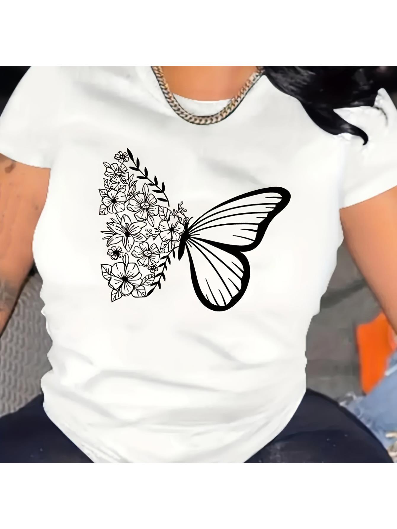 thumbnail image 4 of Women's Vintage-Inspired Casual T-Shirt with Elegant Butterfly & Floral Print, Round Neck, Short Sleeve - Easy Care Polyester, Perfect for Summer, 4 of 8