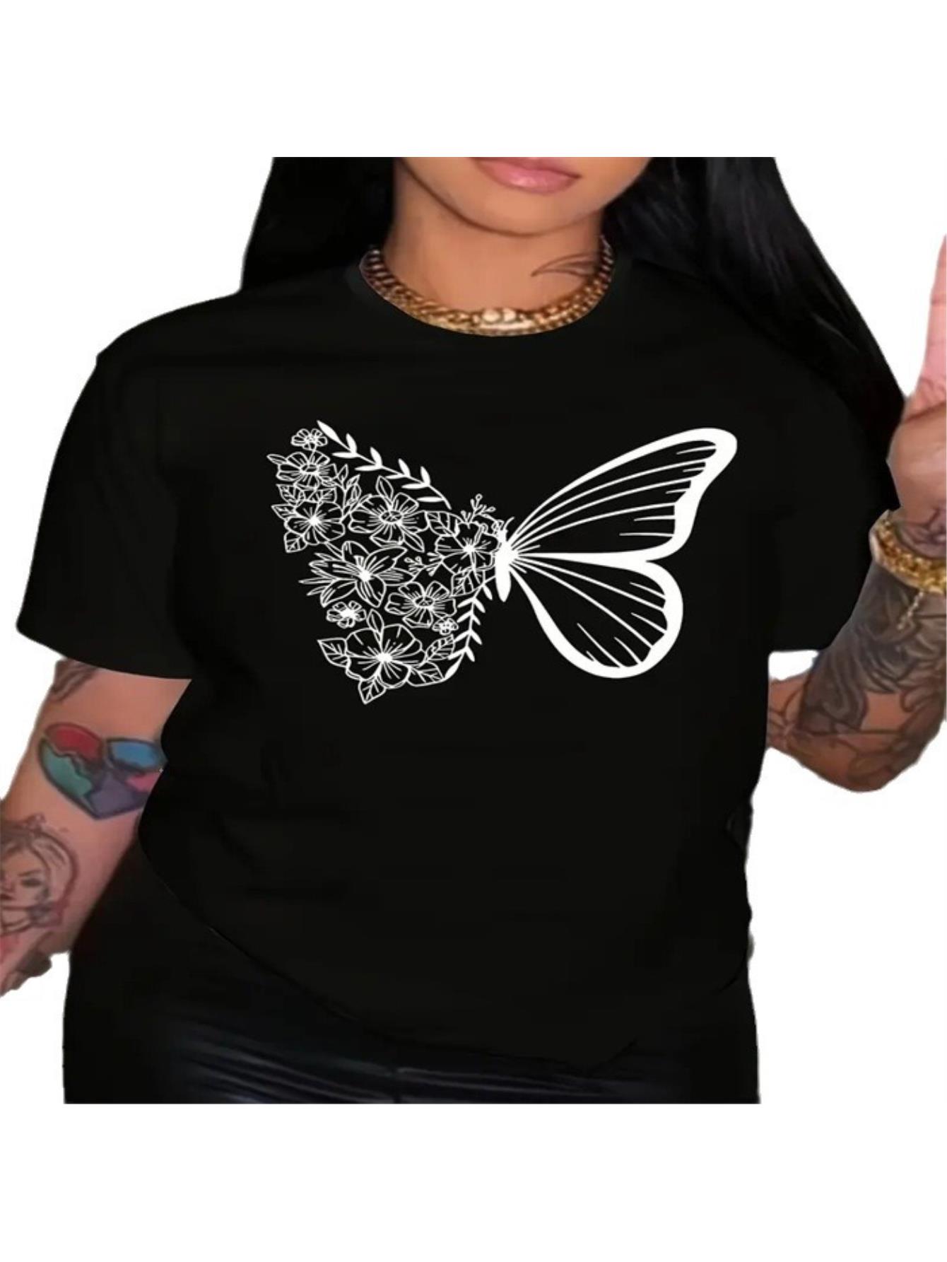 thumbnail image 1 of Women's Vintage-Inspired Casual T-Shirt with Elegant Butterfly & Floral Print, Round Neck, Short Sleeve - Easy Care Polyester, Perfect for Summer, 1 of 8
