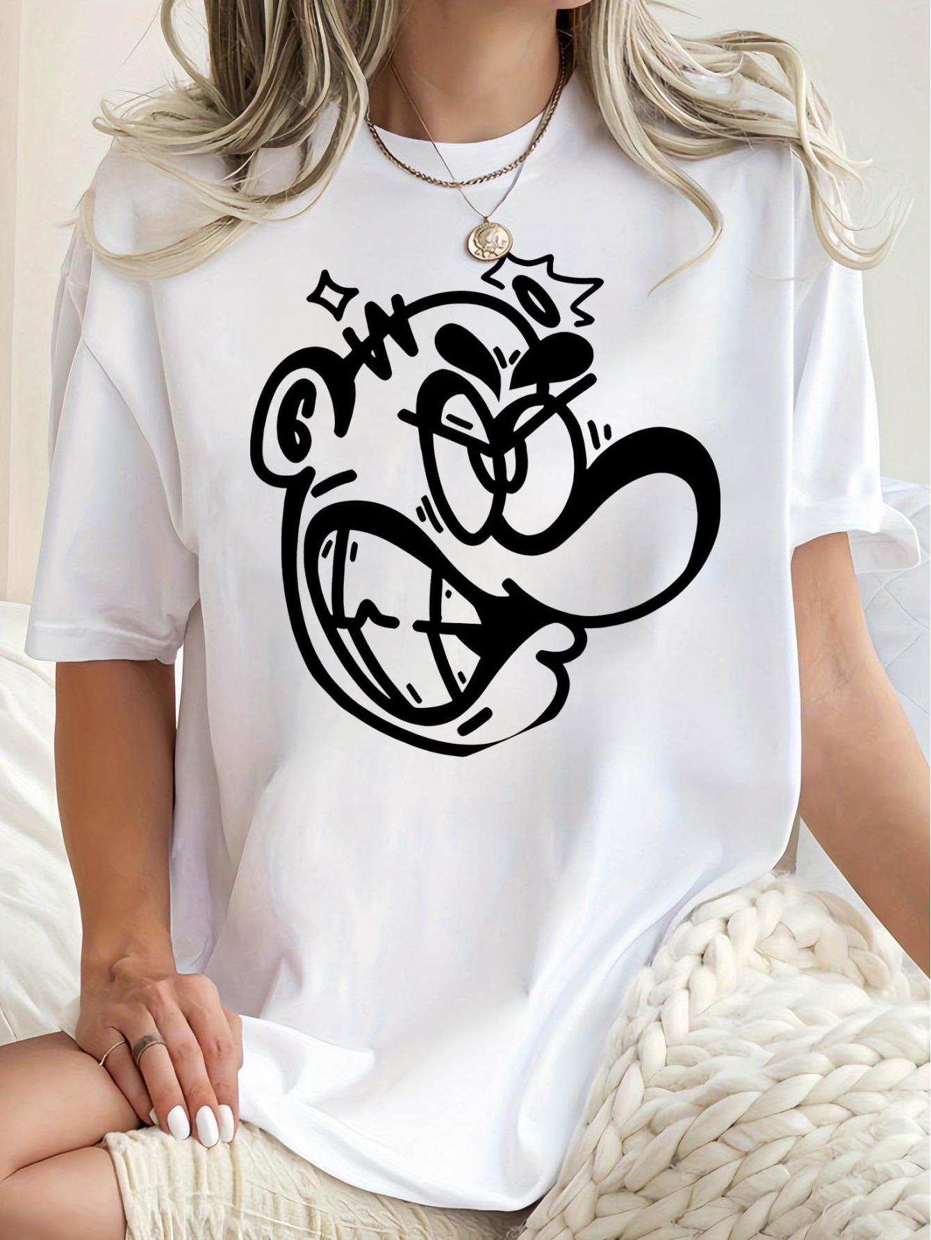 thumbnail image 2 of Women's Casual Graphic Tee - Black Abstract Angry Face Print, Crew Neck Short Sleeve, Stretchy Polyester Blend, Machine Washable, Comfortable Summer Top for Casual Attire, Ladies T Shirts, 2 of 8