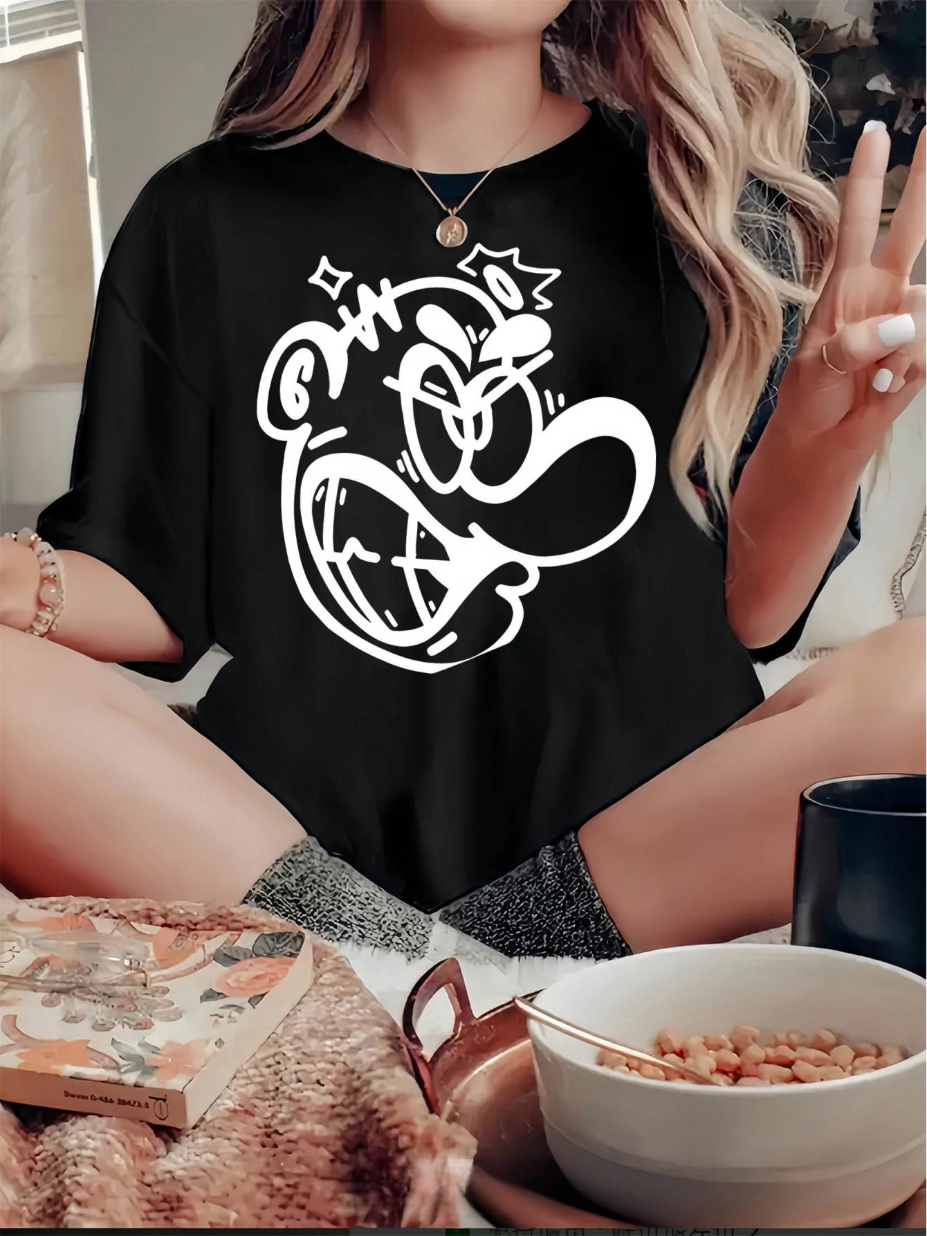 thumbnail image 1 of Women's Casual Graphic Tee - Black Abstract Angry Face Print, Crew Neck Short Sleeve, Stretchy Polyester Blend, Machine Washable, Comfortable Summer Top for Casual Attire, Ladies T Shirts, 1 of 8