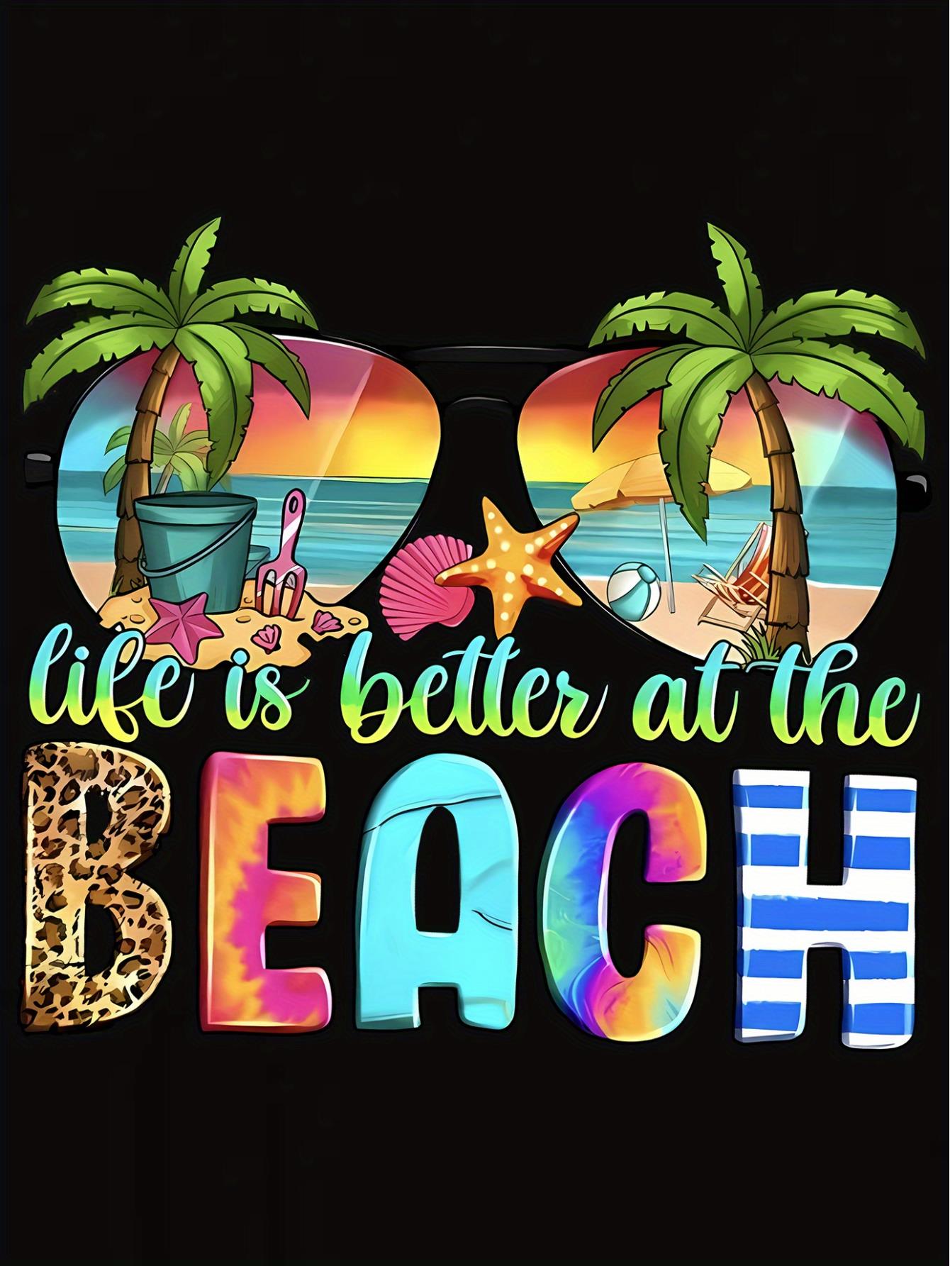 thumbnail image 4 of Women's Casual Round Neck T-Shirt with Colorful Beach Fashion Glasses Print, Stretchy Polyester and Spandex Blend, Machine Washable - Summer Fashion Top, English Pattern, Short Sleeve, Holiday Comfor, 4 of 8