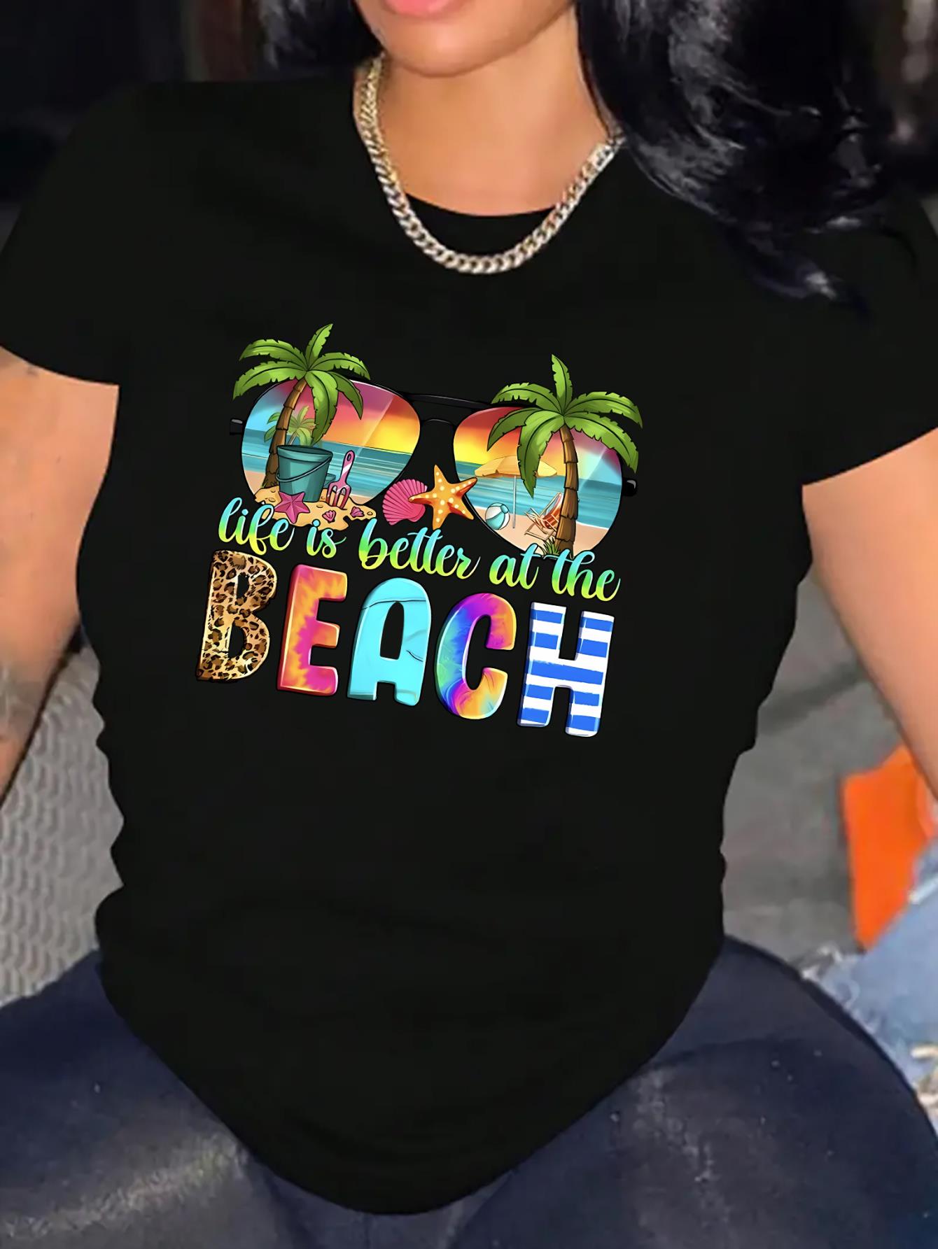 thumbnail image 1 of Women's Casual Round Neck T-Shirt with Colorful Beach Fashion Glasses Print, Stretchy Polyester and Spandex Blend, Machine Washable - Summer Fashion Top, English Pattern, Short Sleeve, Holiday Comfor, 1 of 8
