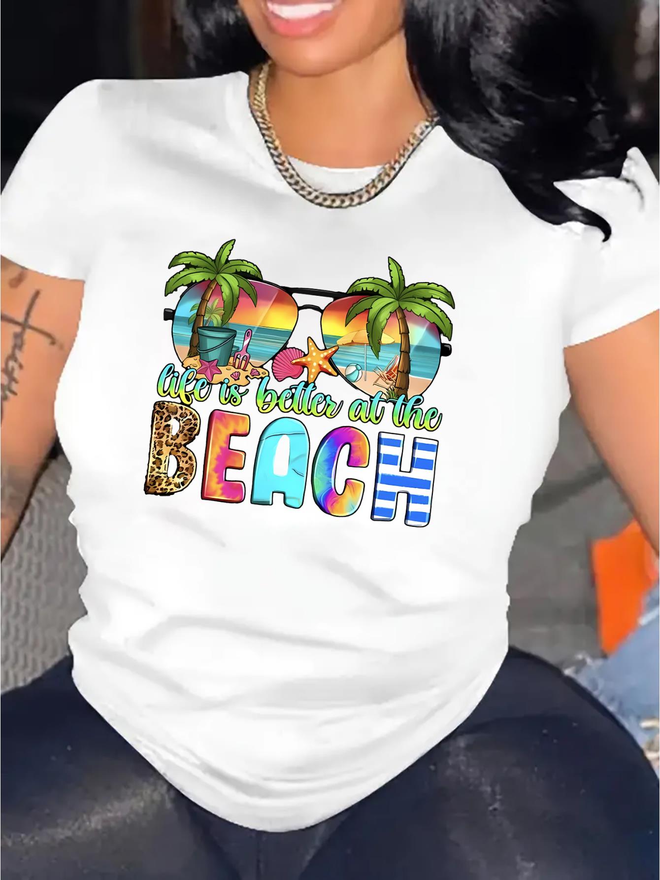 thumbnail image 2 of Women's Casual Round Neck T-Shirt with Colorful Beach Fashion Glasses Print, Stretchy Polyester and Spandex Blend, Machine Washable - Summer Fashion Top, English Pattern, Short Sleeve, Holiday Comfor, 2 of 8