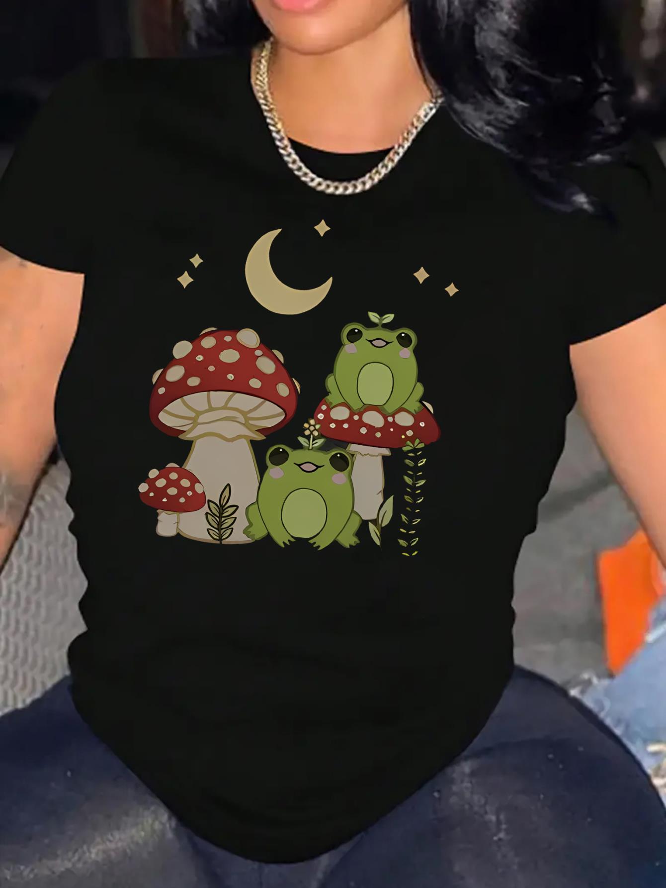 thumbnail image 1 of Women's Casual Geometric Print T-Shirt with Mushroom, Frog, and Moon Design - Polyester Knit Fabric, All-Season Comfort, Round Neck, Elasticity, Abstract Pattern - Fashionable Short Sleeve Top for Ho, 1 of 8