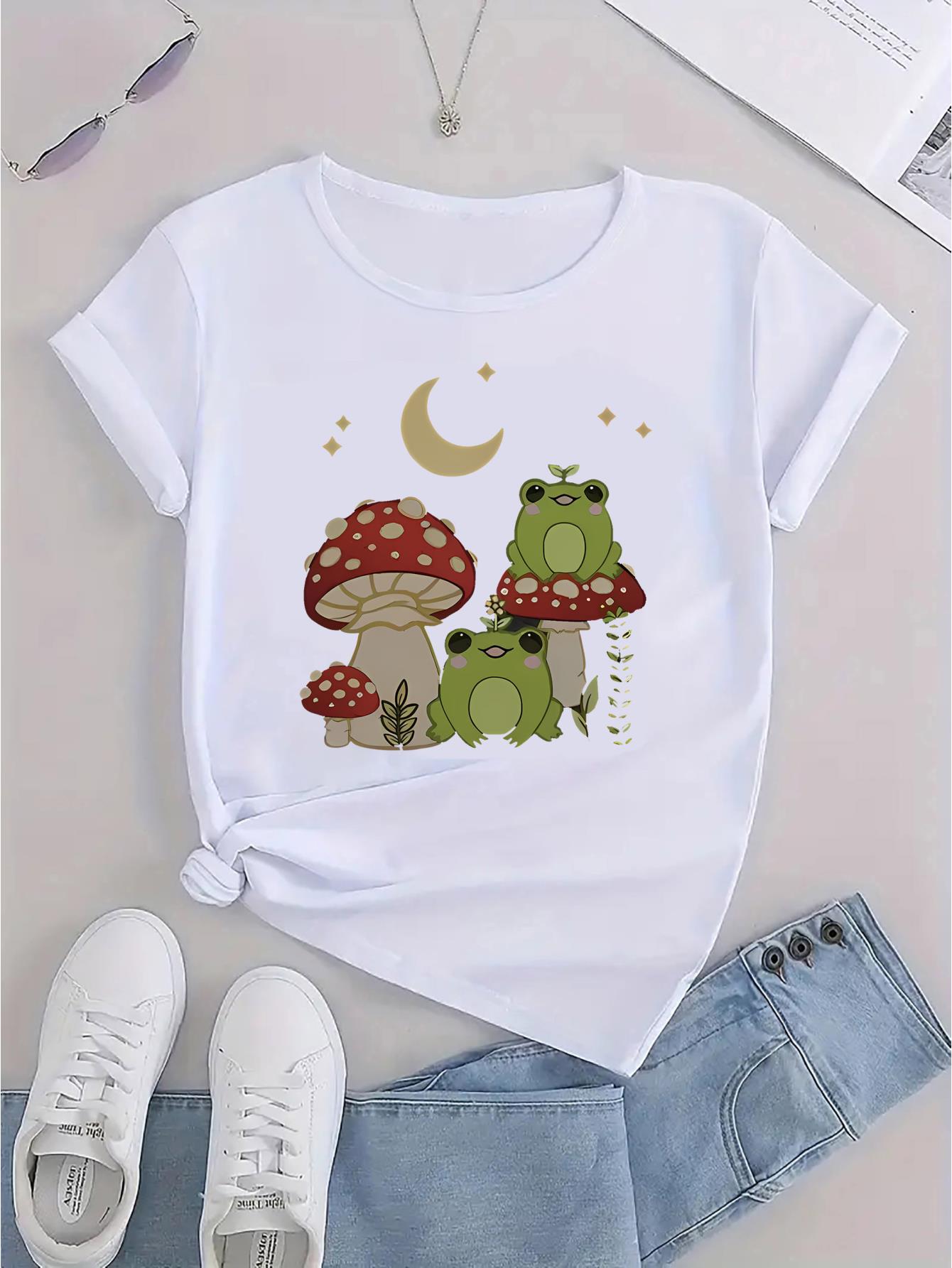 thumbnail image 4 of Women's Casual Geometric Print T-Shirt with Mushroom, Frog, and Moon Design - Polyester Knit Fabric, All-Season Comfort, Round Neck, Elasticity, Abstract Pattern - Fashionable Short Sleeve Top for Ho, 4 of 8