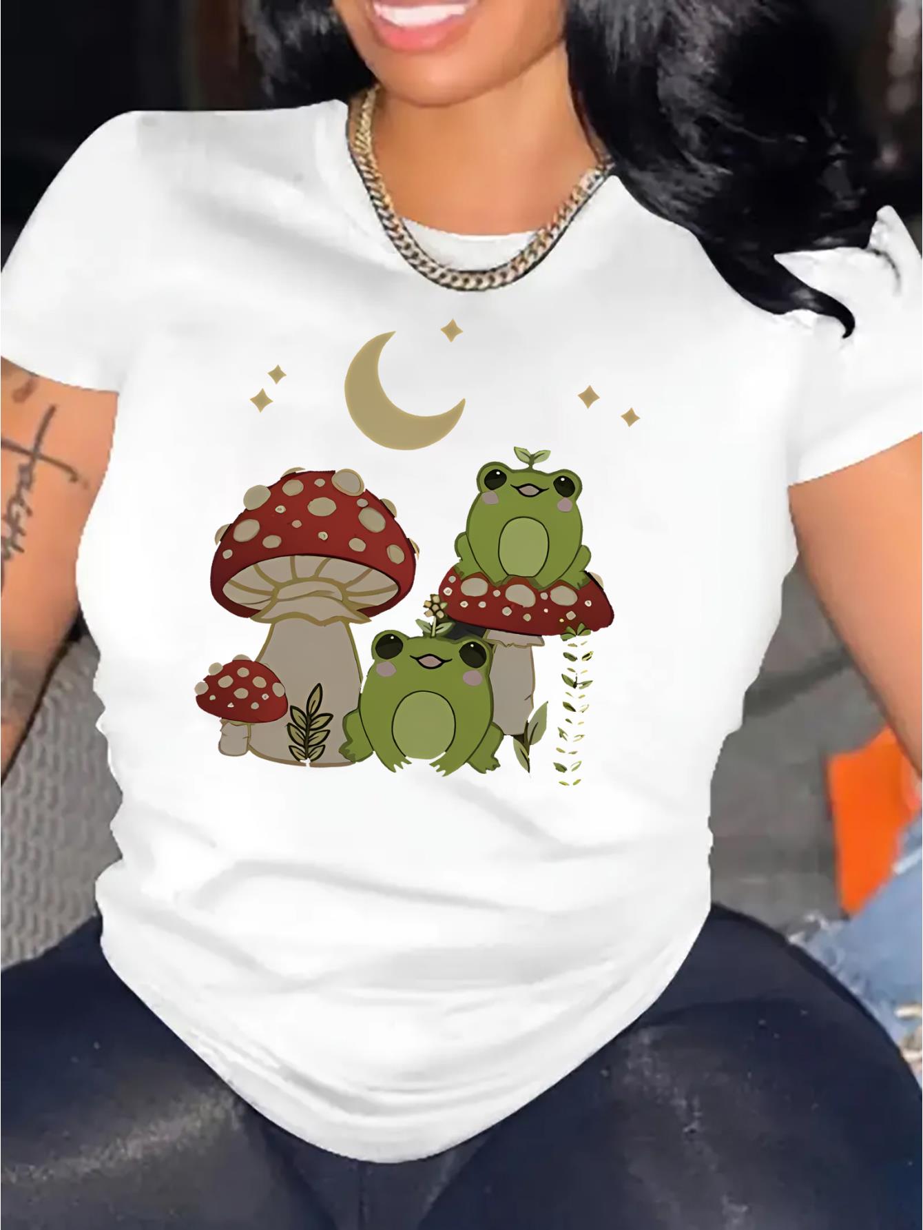 thumbnail image 2 of Women's Casual Geometric Print T-Shirt with Mushroom, Frog, and Moon Design - Polyester Knit Fabric, All-Season Comfort, Round Neck, Elasticity, Abstract Pattern - Fashionable Short Sleeve Top for Ho, 2 of 8